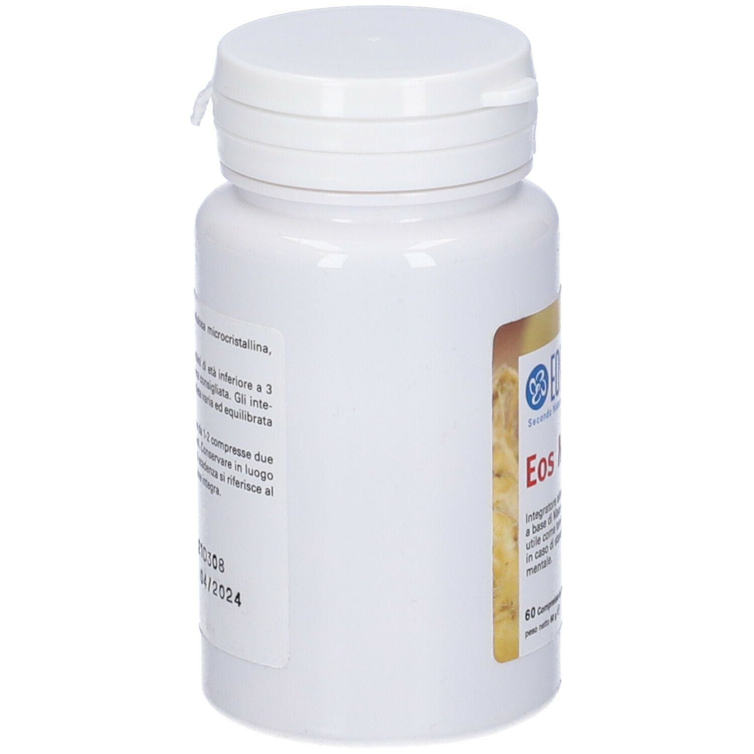 Flacone bianco con tappo. Scritte ed etichetta con informazioni sul prodotto. Retro.