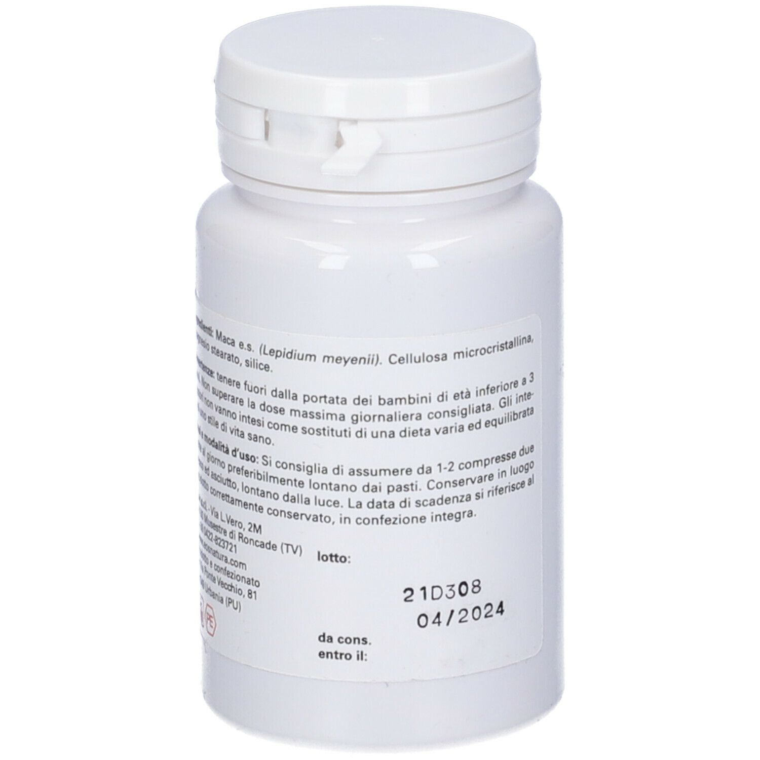 Flacone bianco con tappo. Etichetta con informazioni sul prodotto. Retro, data di scadenza.