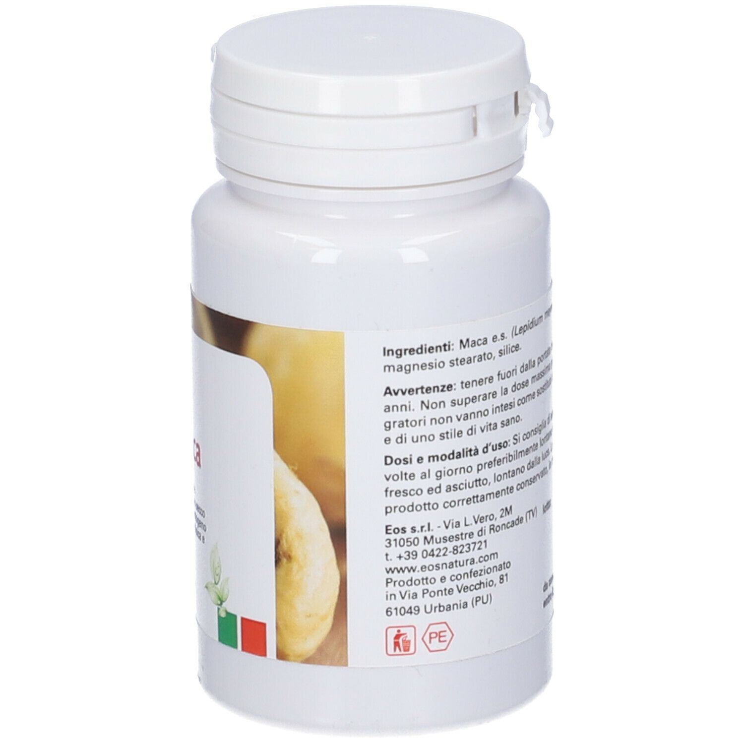 Flacone bianco con tappo. Etichetta con informazioni sul prodotto. Retro, ingredienti.