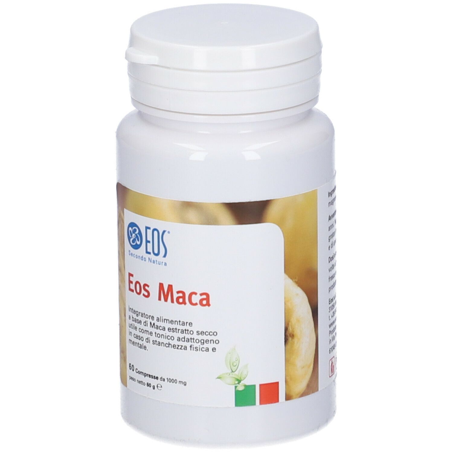 Flacone bianco con tappo. Scritta: EOS Maca. Logo e nome del prodotto ben visibili.