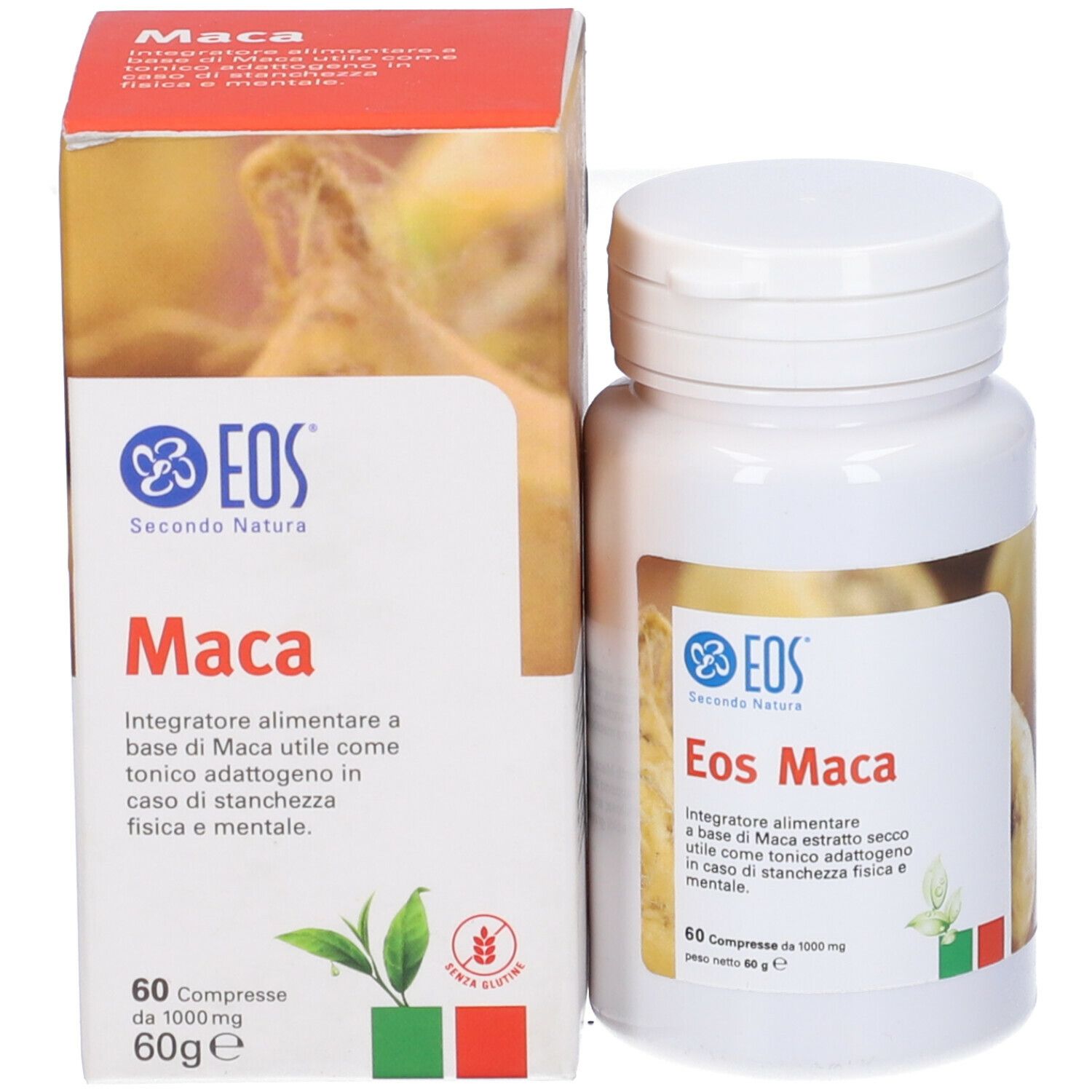Flacone e scatola di Eos Maca. Scritta: 60 compresse. Logo e nome del prodotto ben visibili.