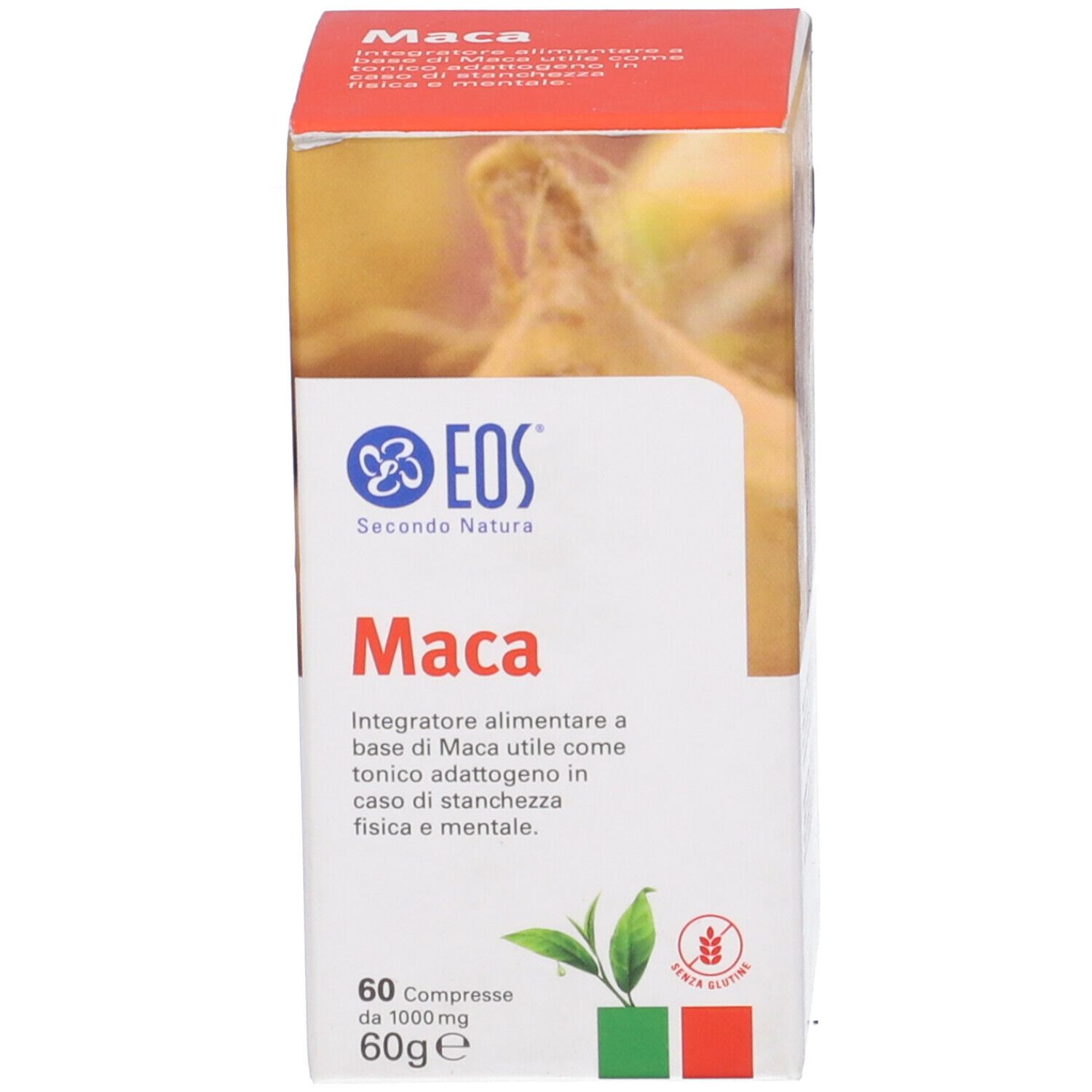 Scatola rossa di Eos Maca. Scritta: 60 compresse. Logo e nome del prodotto ben visibili.