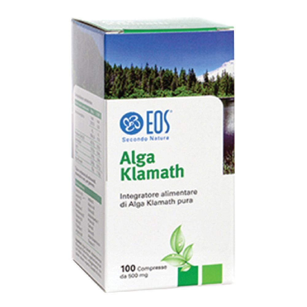 Scatola bianca con logo EOS e scritta Alga Klamath. 100 compresse, 500 mg.