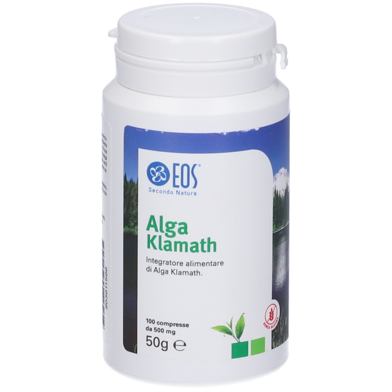Flacone bianco con logo EOS e scritta Alga Klamath. 100 compresse, 500 mg, 50g.