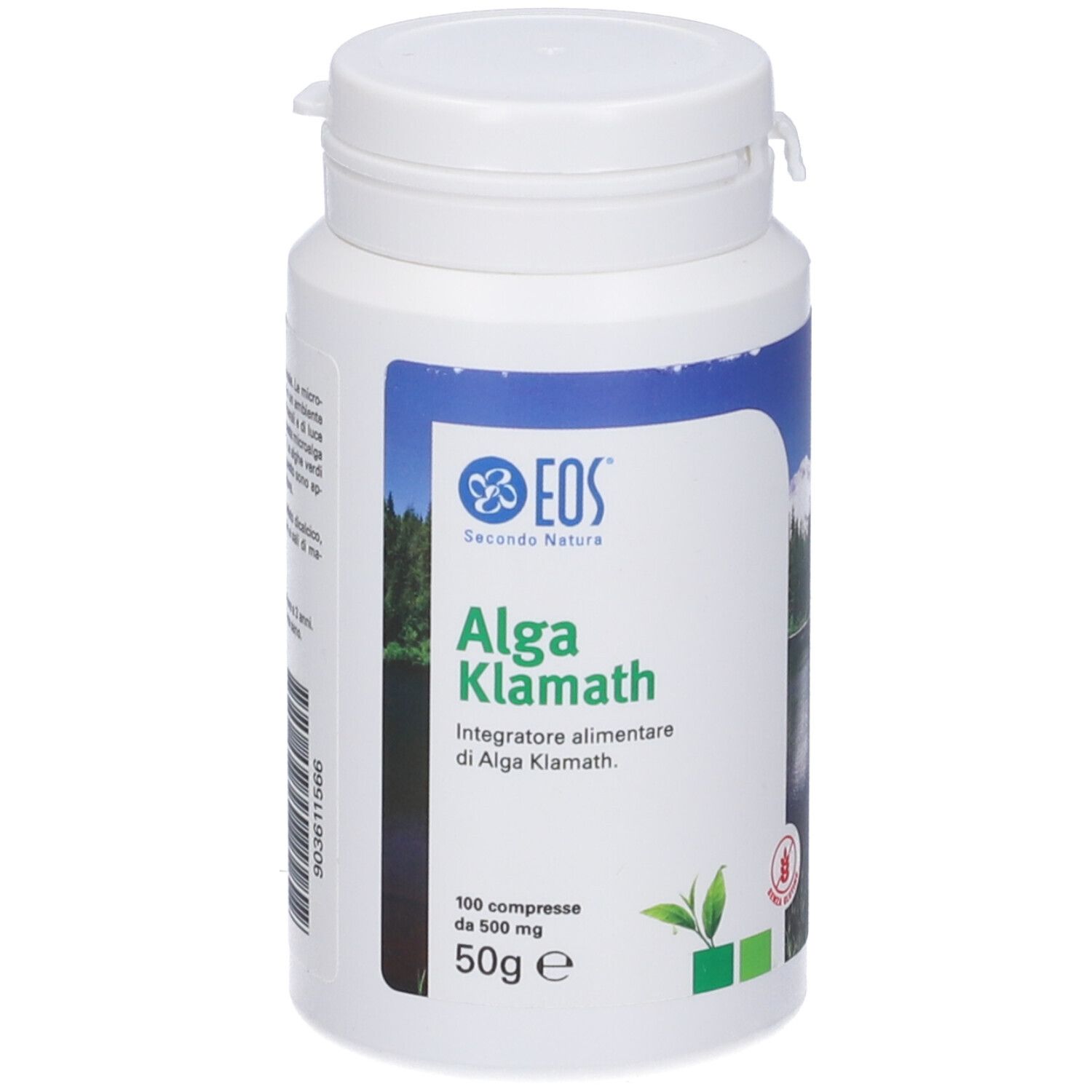 Flacone bianco con logo EOS e scritta Alga Klamath. 100 compresse, 500 mg, 50g.