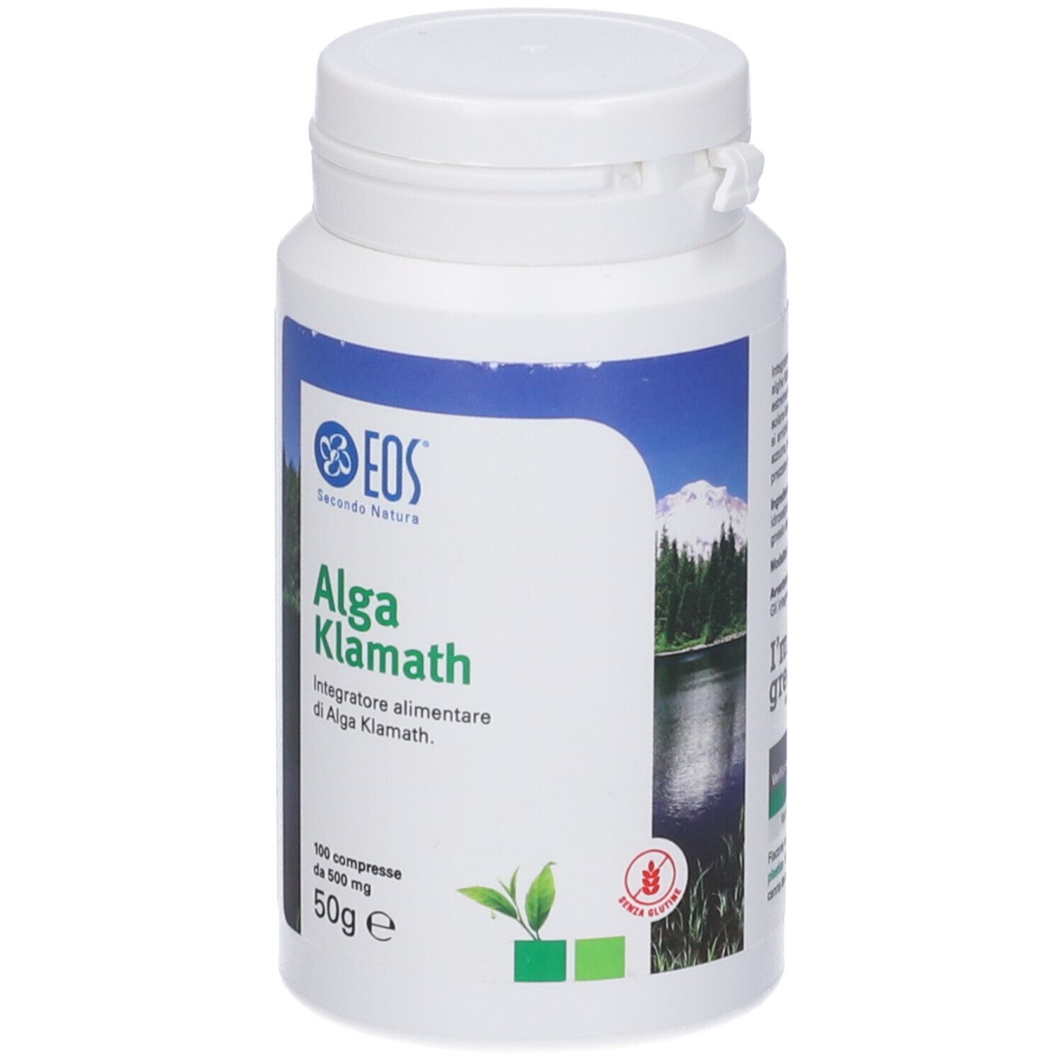 Flacone bianco con logo EOS e scritta Alga Klamath. 100 compresse, 500 mg, 50g.
