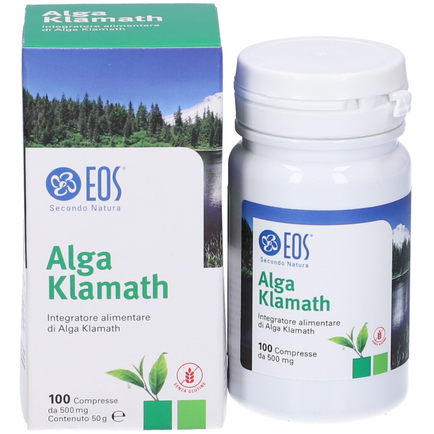 Flacone bianco e scatola con logo EOS e scritta Alga Klamath. 100 compresse, 500 mg, 50g.