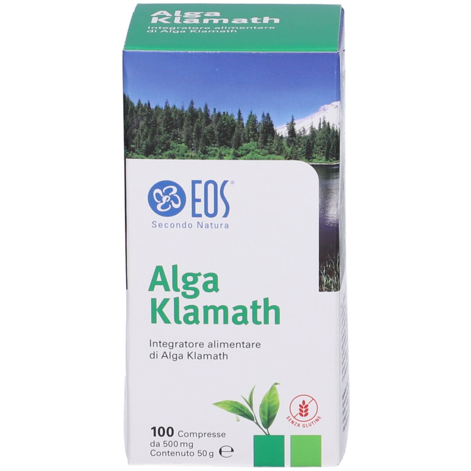 Scatola bianca con logo EOS e scritta Alga Klamath. 100 compresse, 500 mg, 50g.