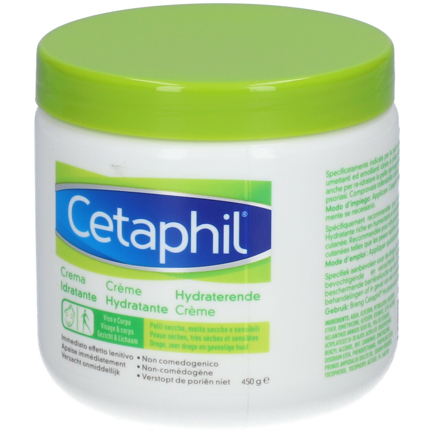 Vaso bianco con coperchio verde. Scritta Cetaphil. Nome del prodotto: Crema Idratante. Per viso e corpo. 450g.