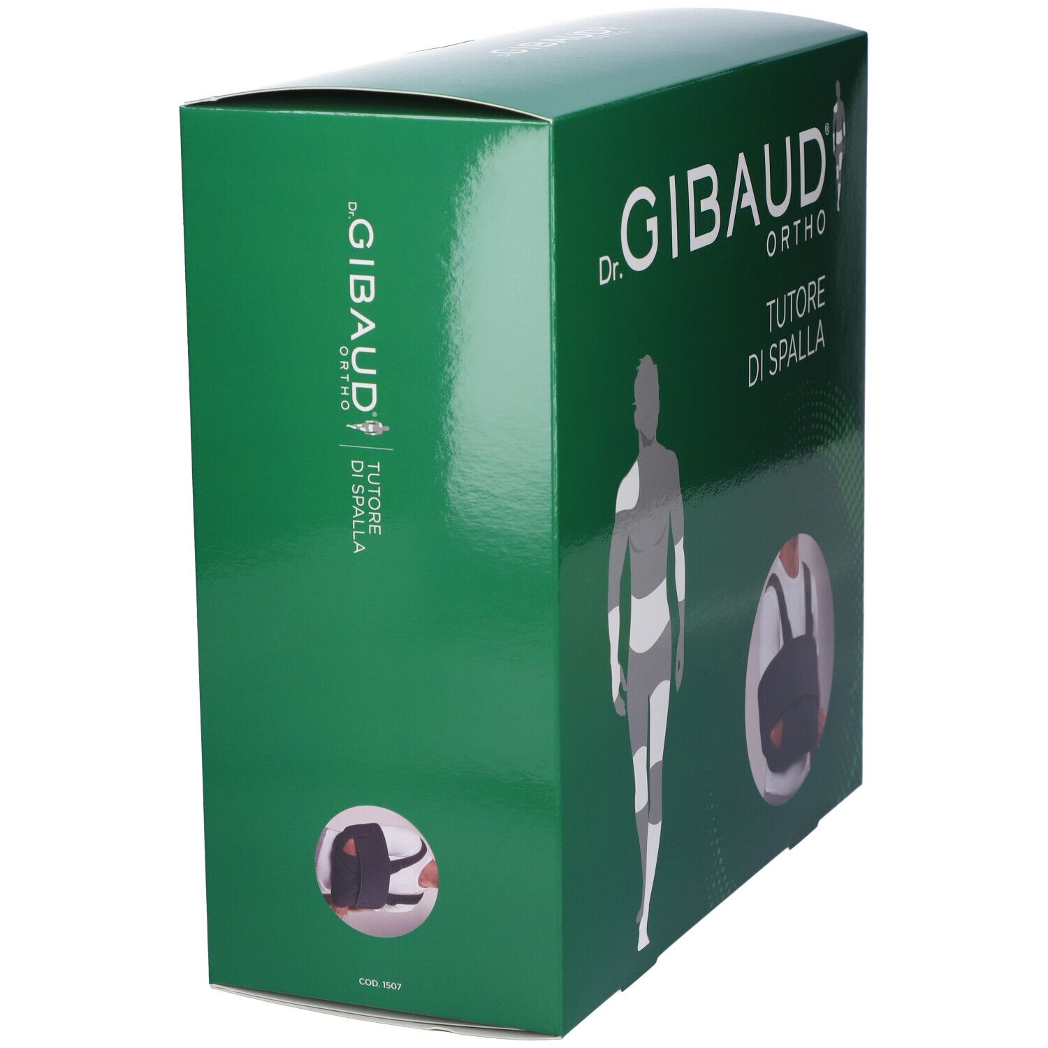 Grüne Verpackung, Seitenansicht. Aufschrift: Dr. Gibaud Ortho, Tutore di Spalla. Abbildung einer Schulterbandage.