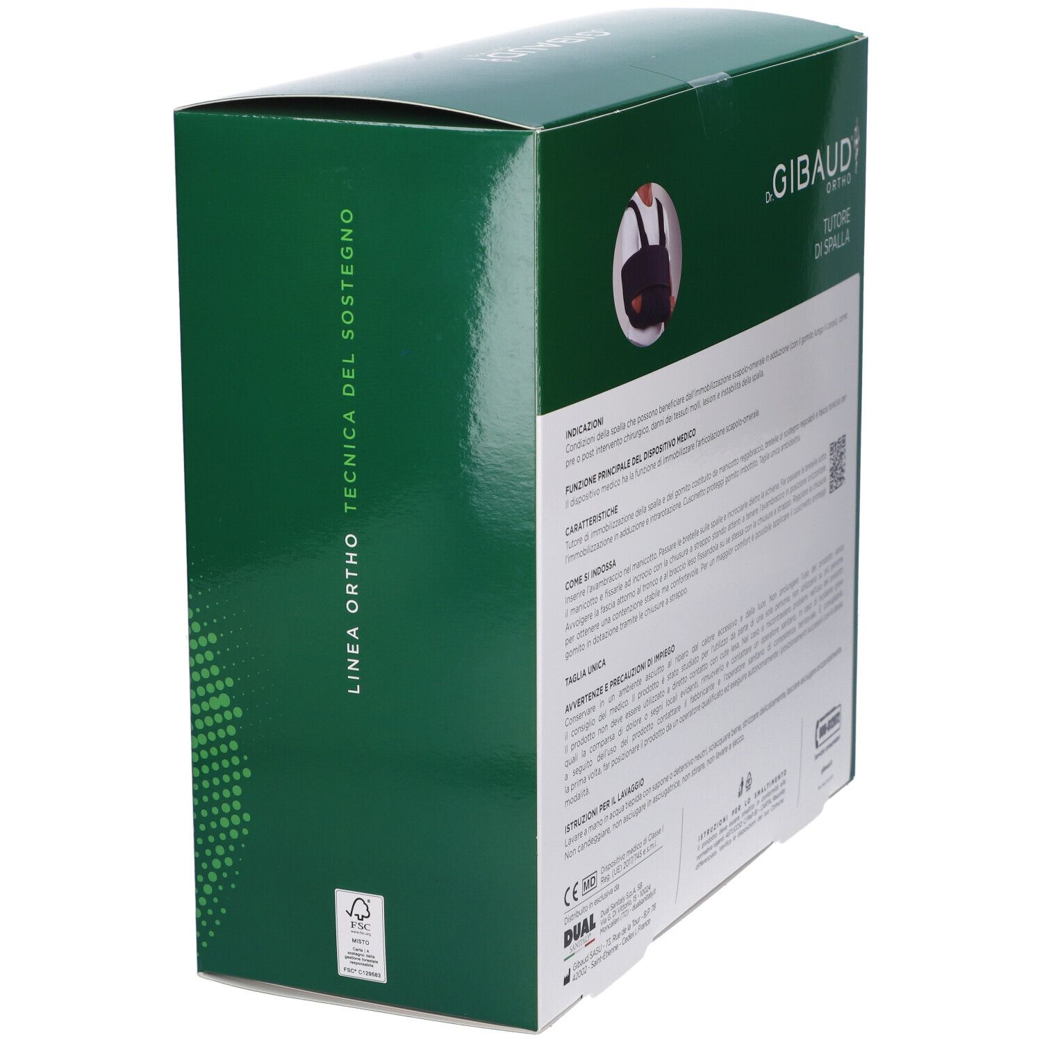 Grüne Verpackung, Seitenansicht. Text und Illustrationen. Aufschrift: Linea Ortho Tecnica del Sostegno.