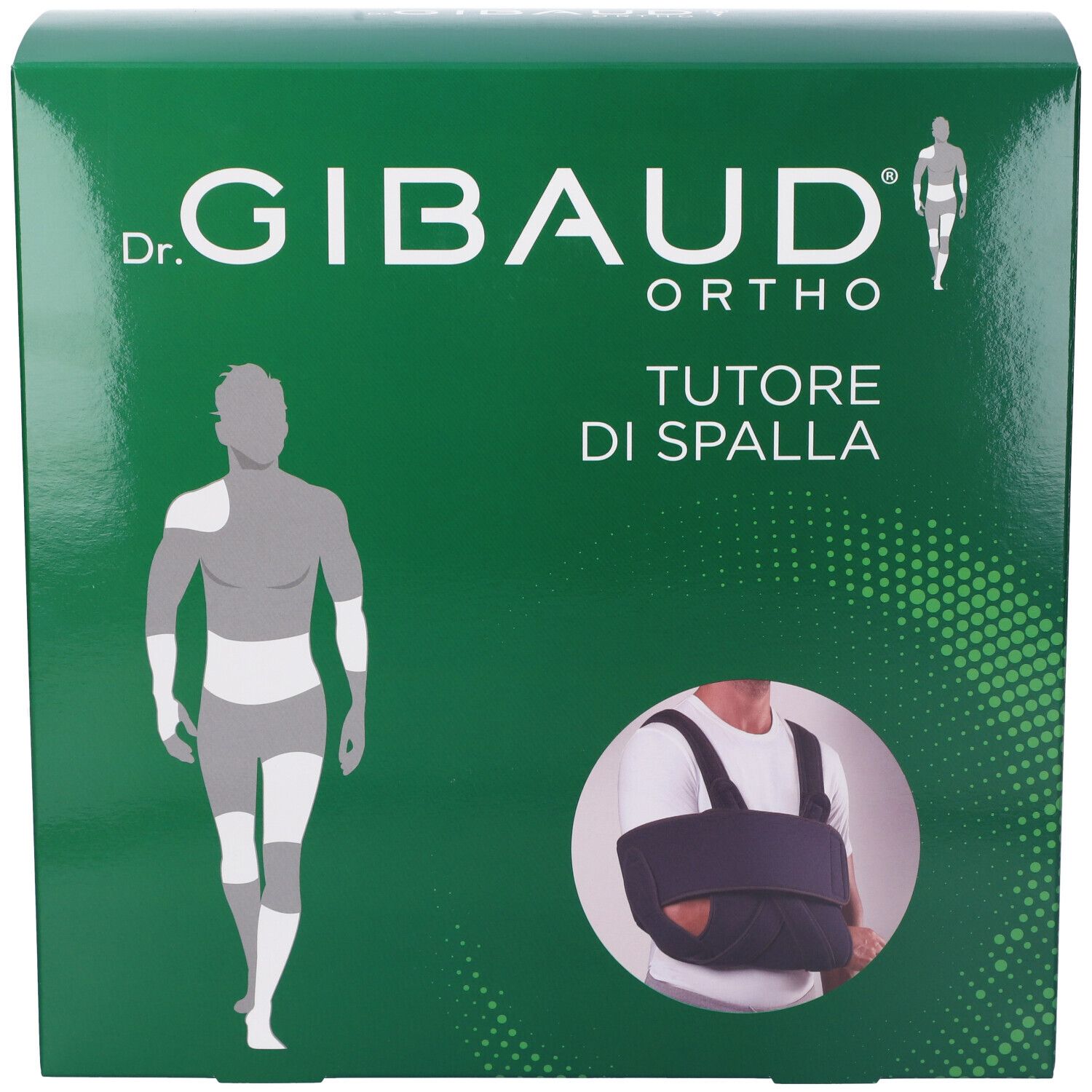 Grüne Verpackung mit Produktabbildung. Aufschrift: Dr. Gibaud Ortho, Tutore di Spalla. Abbildung einer Schulterbandage.