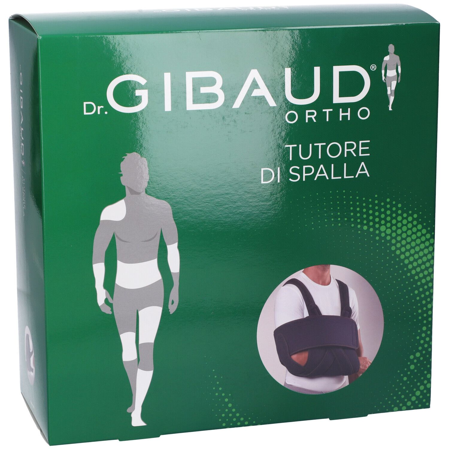 Grüne Verpackung mit Produktabbildung. Aufschrift: Dr. Gibaud Ortho, Tutore di Spalla. Abbildung einer Schulterbandage.
