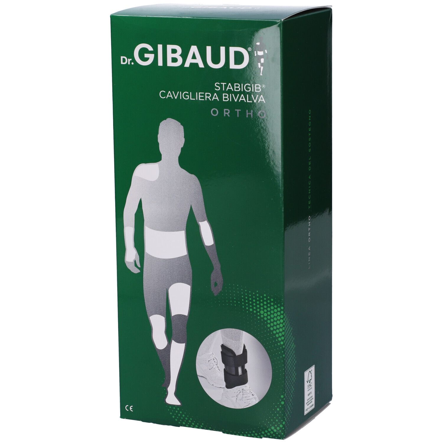 Confezione verde di Dr. Gibaud. Scritta: STABIGIB CAVIGLIERA BIVALVA ORTHO. Illustrazione di una persona con ortesi.