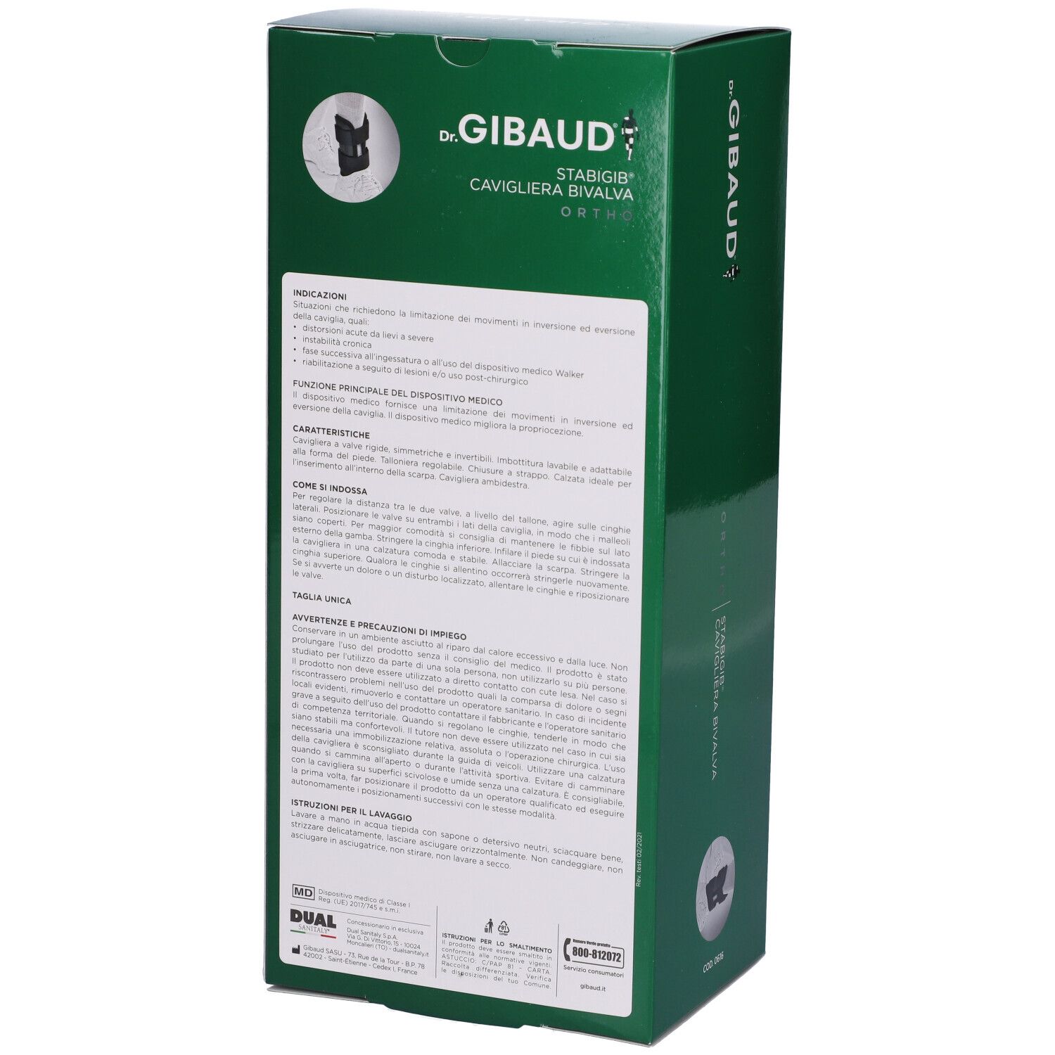 Confezione verde di Dr. Gibaud. Retro con testo e illustrazioni. Nome prodotto: STABIGIB CAVIGLIERA BIVALVA ORTHO.