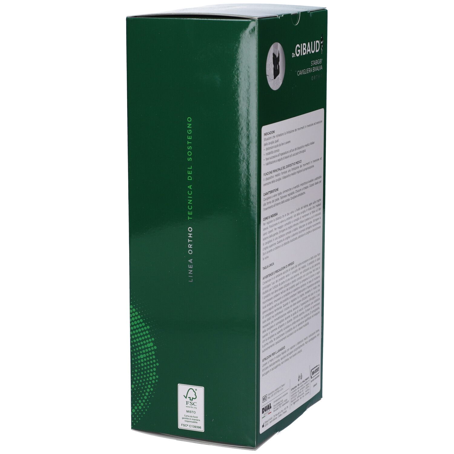 Confezione verde di Dr. Gibaud. Vista laterale con testo. Nome prodotto: STABIGIB CAVIGLIERA BIVALVA ORTHO.