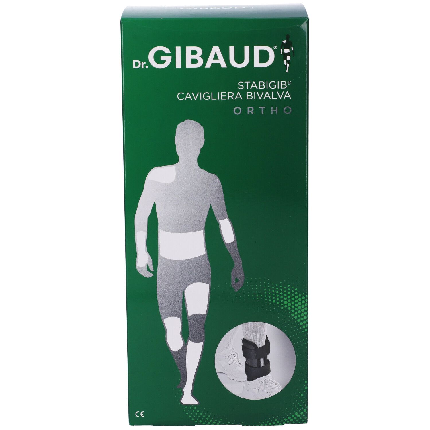 Confezione verde di Dr. Gibaud. Scritta: STABIGIB CAVIGLIERA BIVALVA ORTHO. Illustrazione di una persona con ortesi.