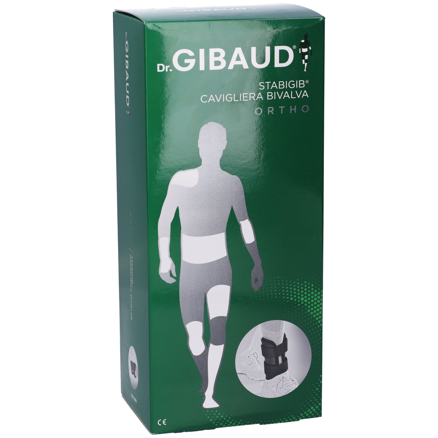 Confezione verde di Dr. Gibaud. Scritta: STABIGIB CAVIGLIERA BIVALVA ORTHO. Illustrazione di una persona con ortesi.