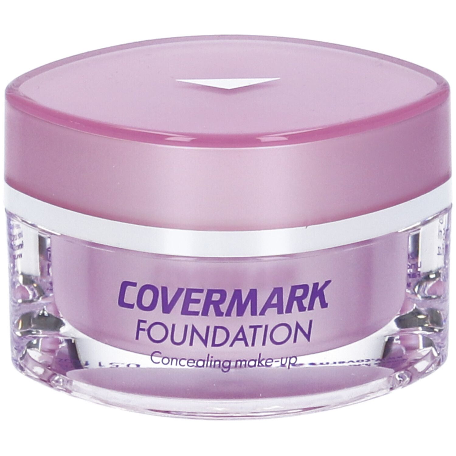 Vasetto cosmetico con coperchio viola. Scritta: COVERMARK FOUNDATION. Concealing make-up. Tonalità 8. Contenitore trasparente.