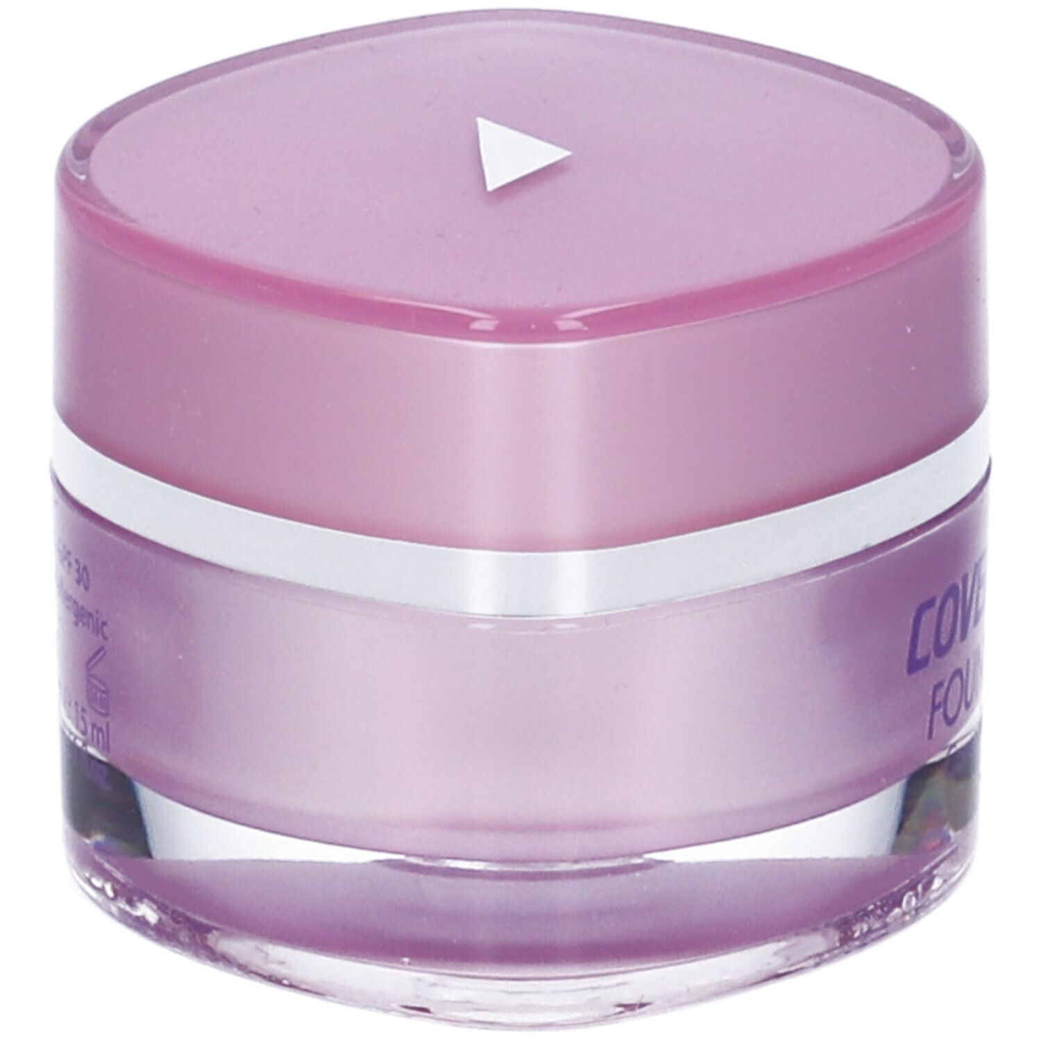 Vasetto cosmetico con coperchio viola. Scritta: COVERMARK FOUNDATION. Concealing make-up. Tonalità 8. Contenitore trasparente.