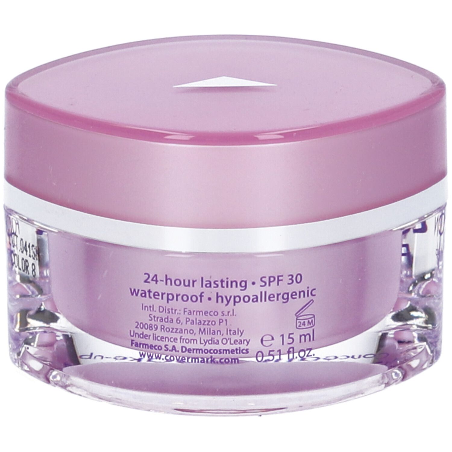 Vasetto cosmetico con coperchio viola. Scritta: COVERMARK FOUNDATION. Concealing make-up. Tonalità 8. Contenitore trasparente.