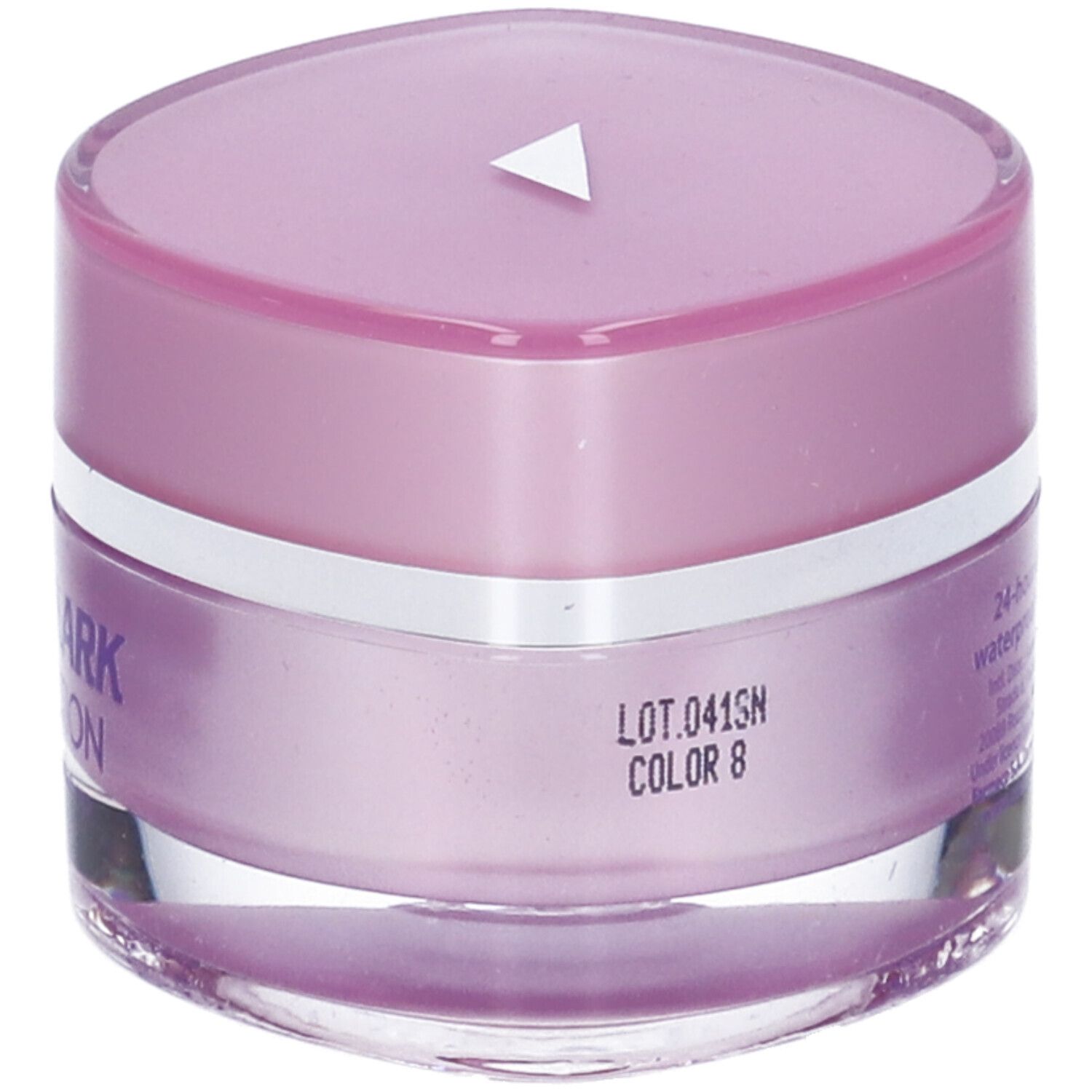 Vasetto cosmetico con coperchio viola. Scritta: COVERMARK FOUNDATION. Concealing make-up. Tonalità 8. Contenitore trasparente.