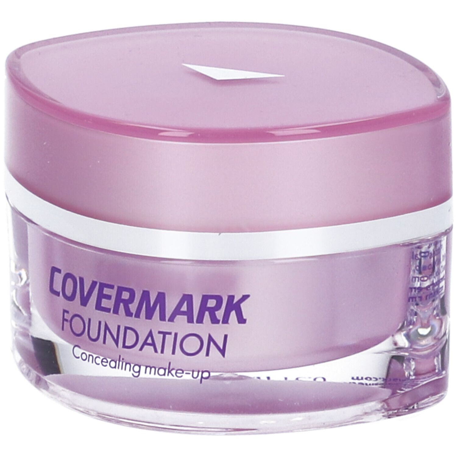 Vasetto cosmetico con coperchio viola. Scritta: COVERMARK FOUNDATION. Concealing make-up. Tonalità 8. Contenitore trasparente.