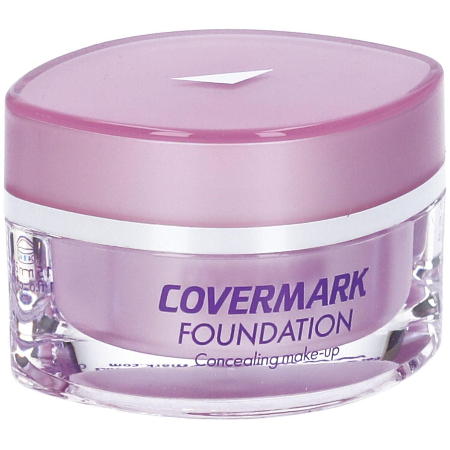 Vasetto cosmetico con coperchio viola. Scritta: COVERMARK FOUNDATION. Concealing make-up. Tonalità 8. Contenitore trasparente.