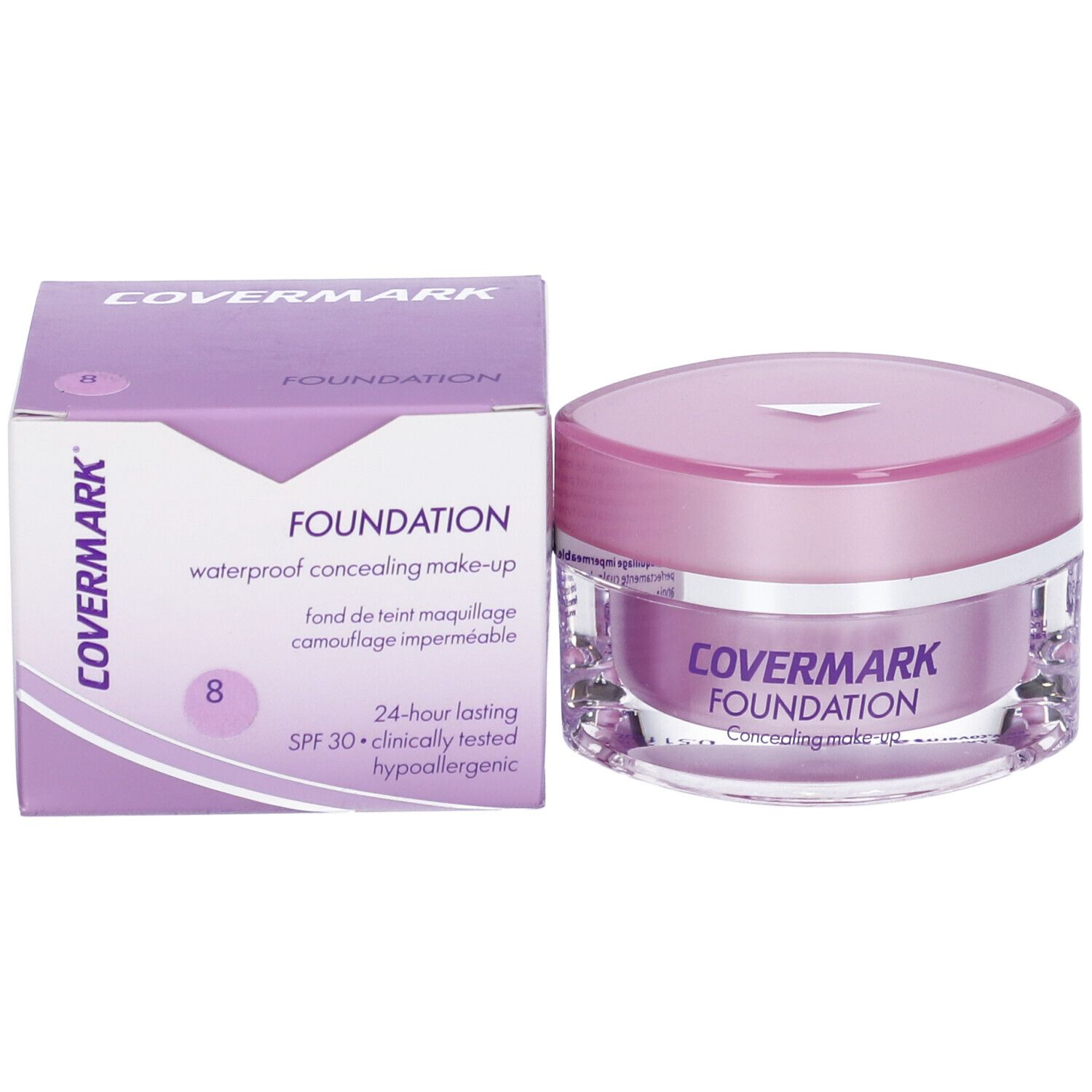 Confezione e vasetto. Scritta: COVERMARK FOUNDATION. Tonalità 8. Trucco coprente waterproof. SPF 30.