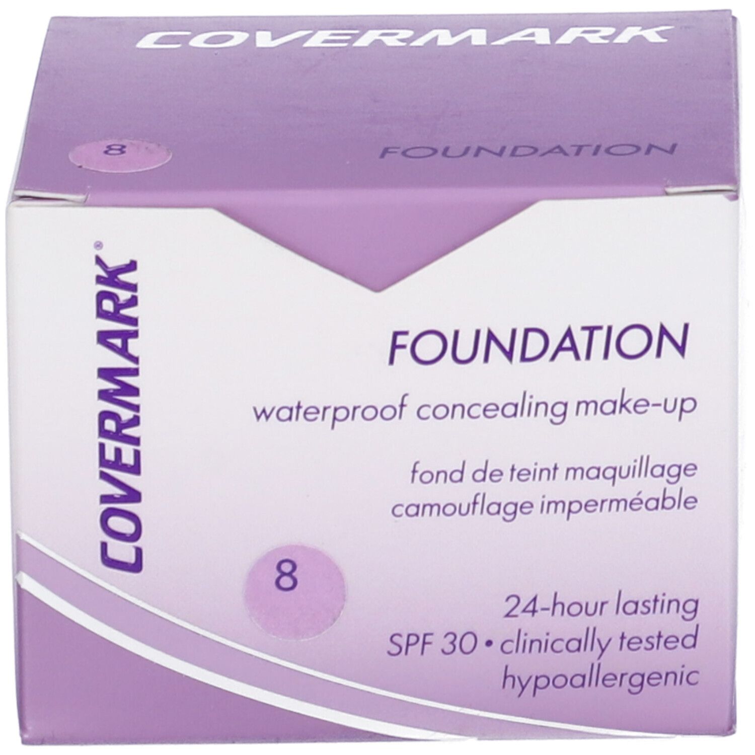 Confezione del prodotto. Scritta: COVERMARK FOUNDATION. Tonalità 8. Trucco coprente waterproof. SPF 30.
