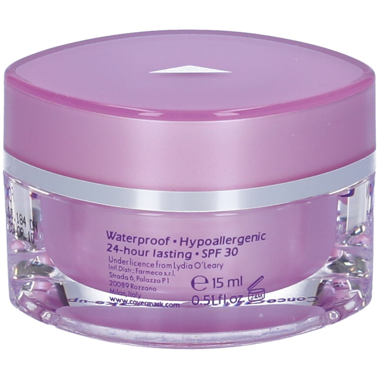 Vasetto di crema con coperchio viola. Scritta: COVERMARK FOUNDATION. Informazioni su ingredienti e proprietà.