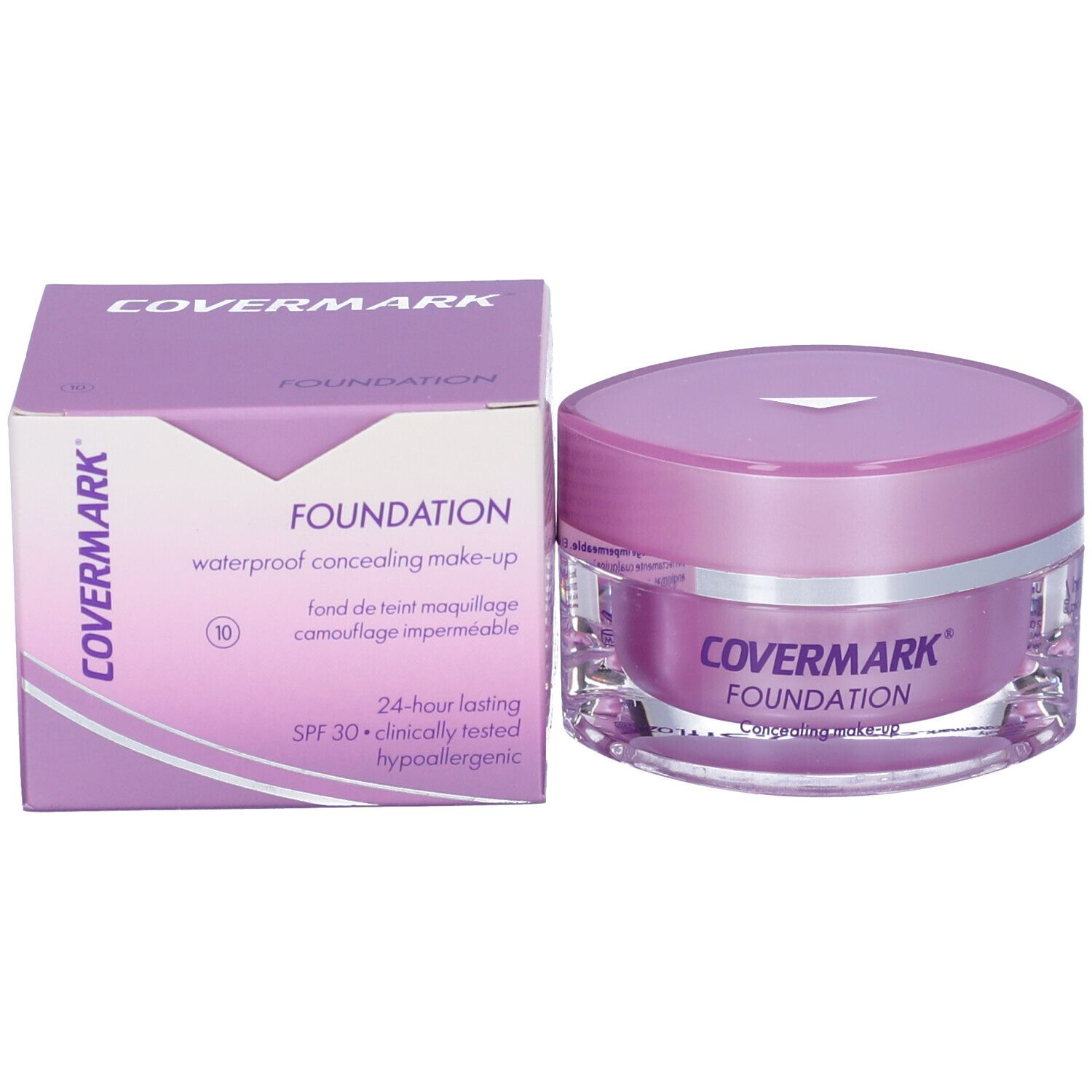 Confezione del prodotto e vasetto di crema. Scritta: COVERMARK FOUNDATION. Tonalità 10. Scatola con informazioni sul prodotto.