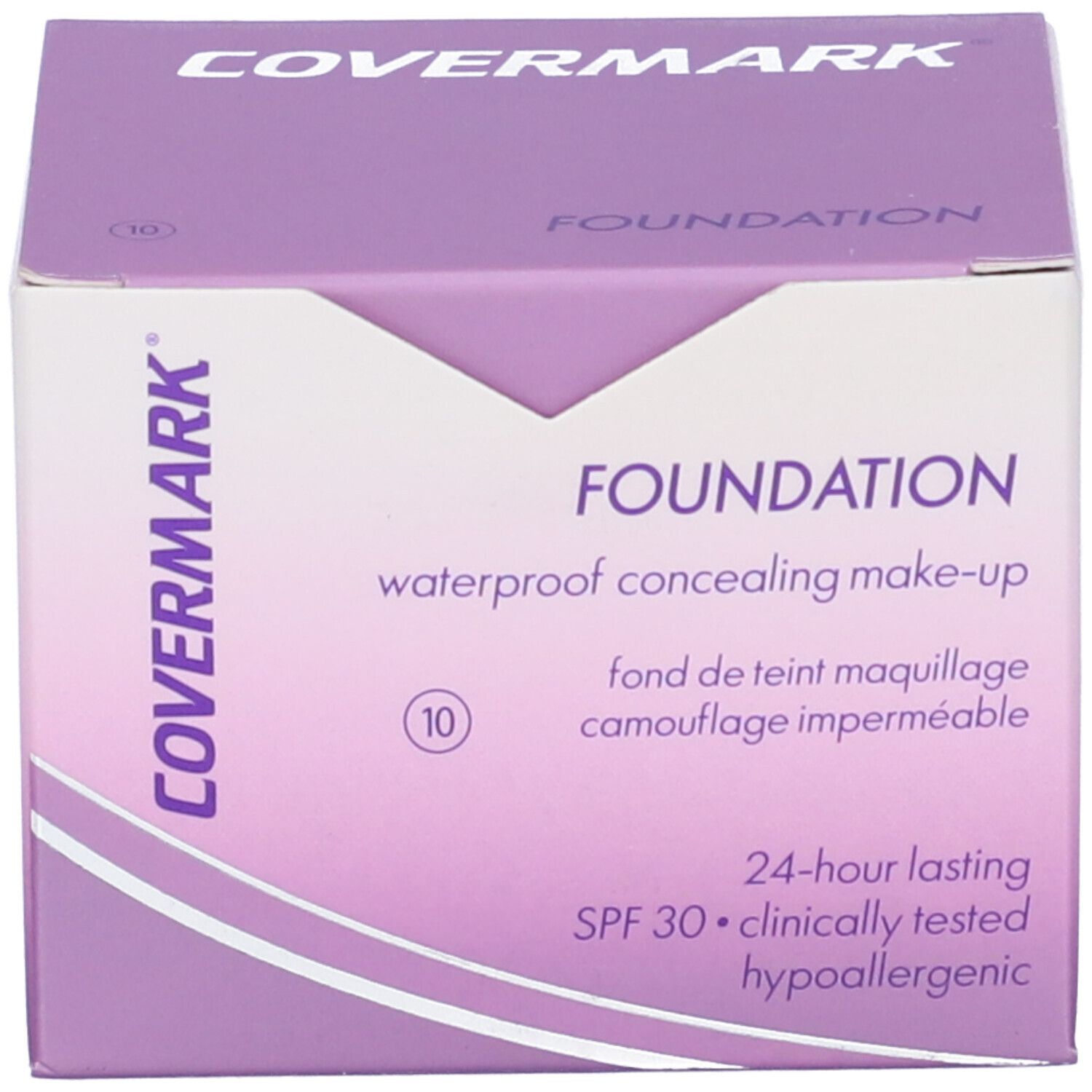 Confezione del prodotto. Scritta: COVERMARK FOUNDATION. Tonalità 10. Scatola con informazioni e proprietà del prodotto.