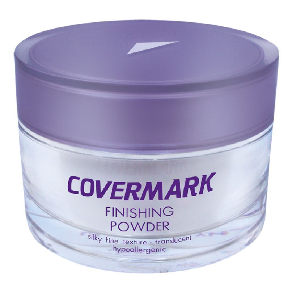 Vasetto rotondo con coperchio viola. Scritta: Covermark Finishing Powder. Texture: setosa, fine, trasparente, ipoallergenico.