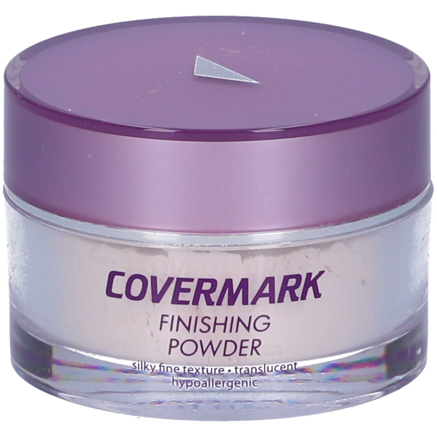 Vasetto rotondo con coperchio viola. Scritta: Covermark Finishing Powder. Texture: setosa, fine, trasparente, ipoallergenico.