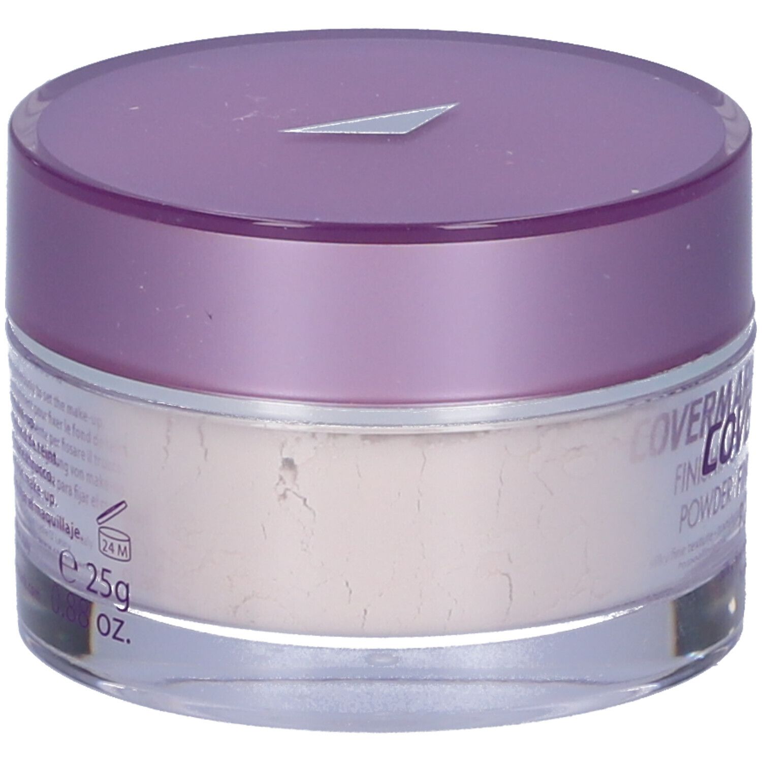 Vasetto rotondo con coperchio viola. Scritta: Covermark Finishing Powder. Texture: setosa, fine, trasparente, ipoallergenico.