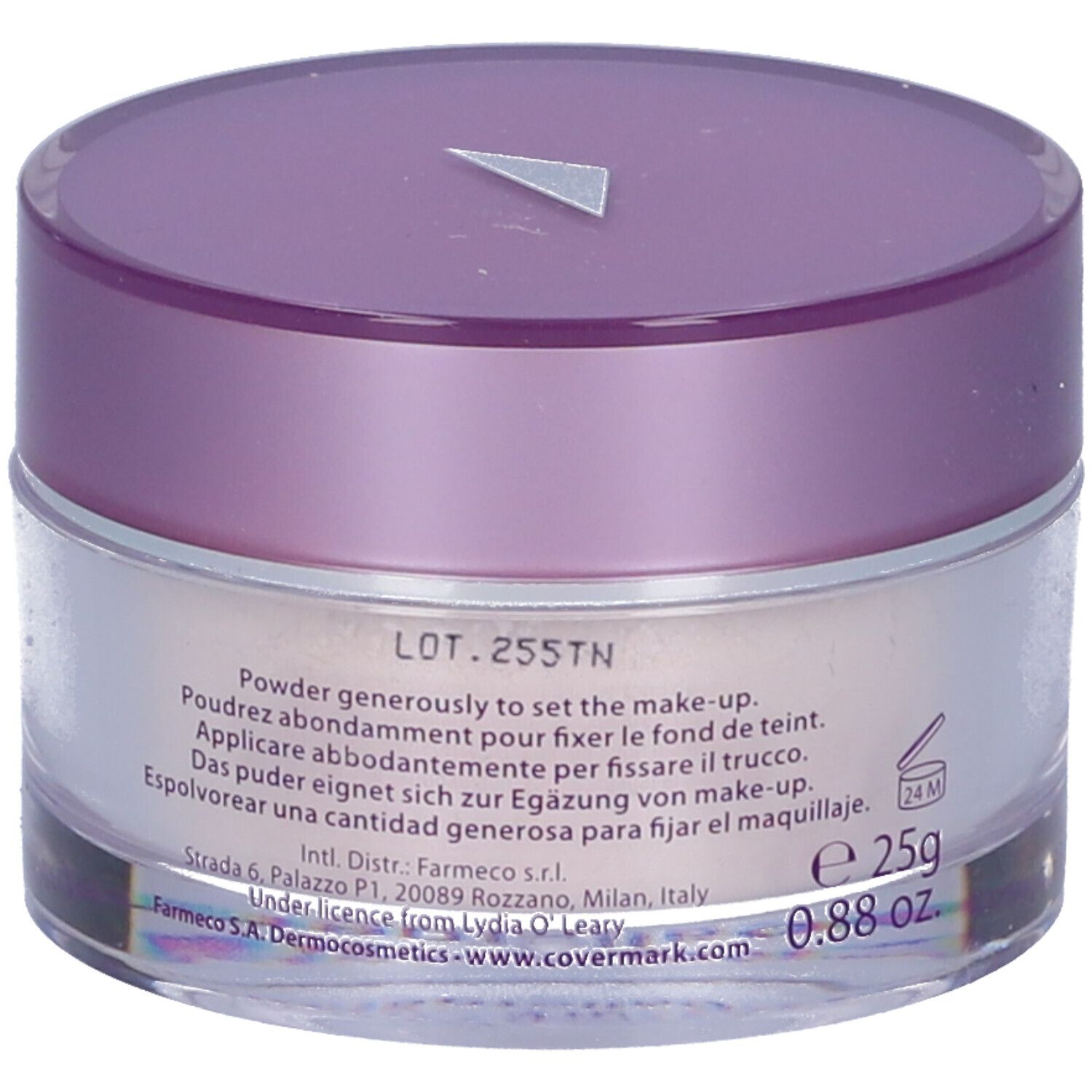 Vasetto rotondo con coperchio viola. Scritta: Covermark Finishing Powder. Texture: setosa, fine, trasparente, ipoallergenico. 25g.