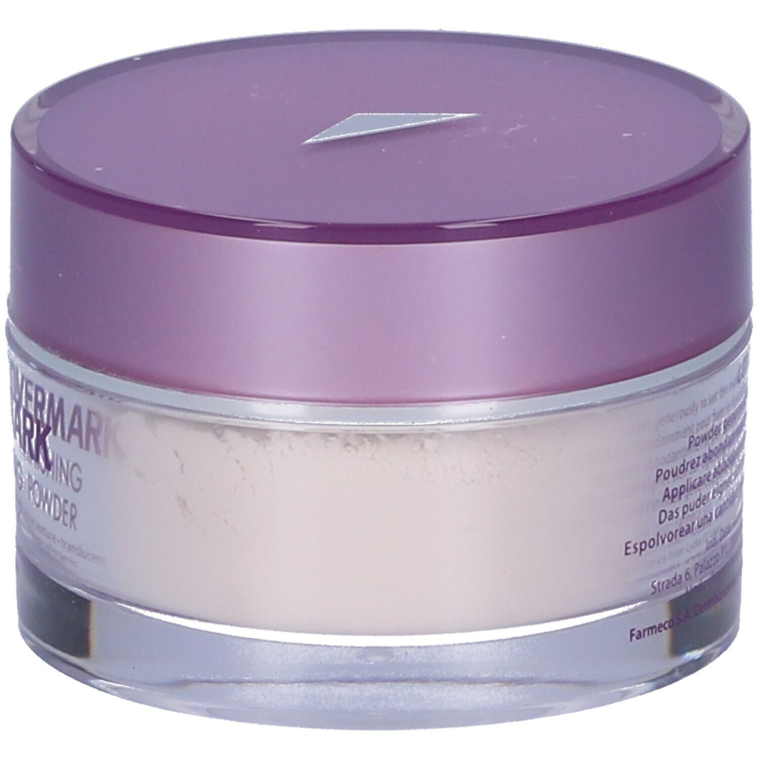 Vasetto rotondo con coperchio viola. Scritta: Covermark Finishing Powder. Texture: setosa, fine, trasparente, ipoallergenico. 25g.