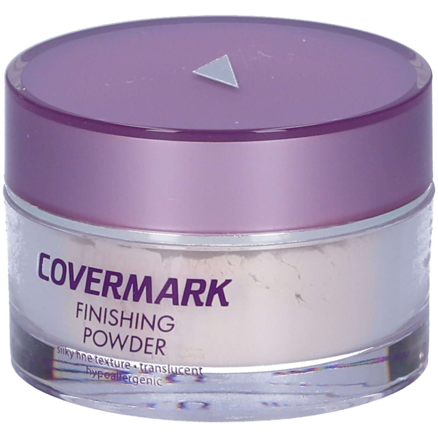 Vasetto rotondo con coperchio viola. Scritta: Covermark Finishing Powder. Texture: setosa, fine, trasparente, ipoallergenico.