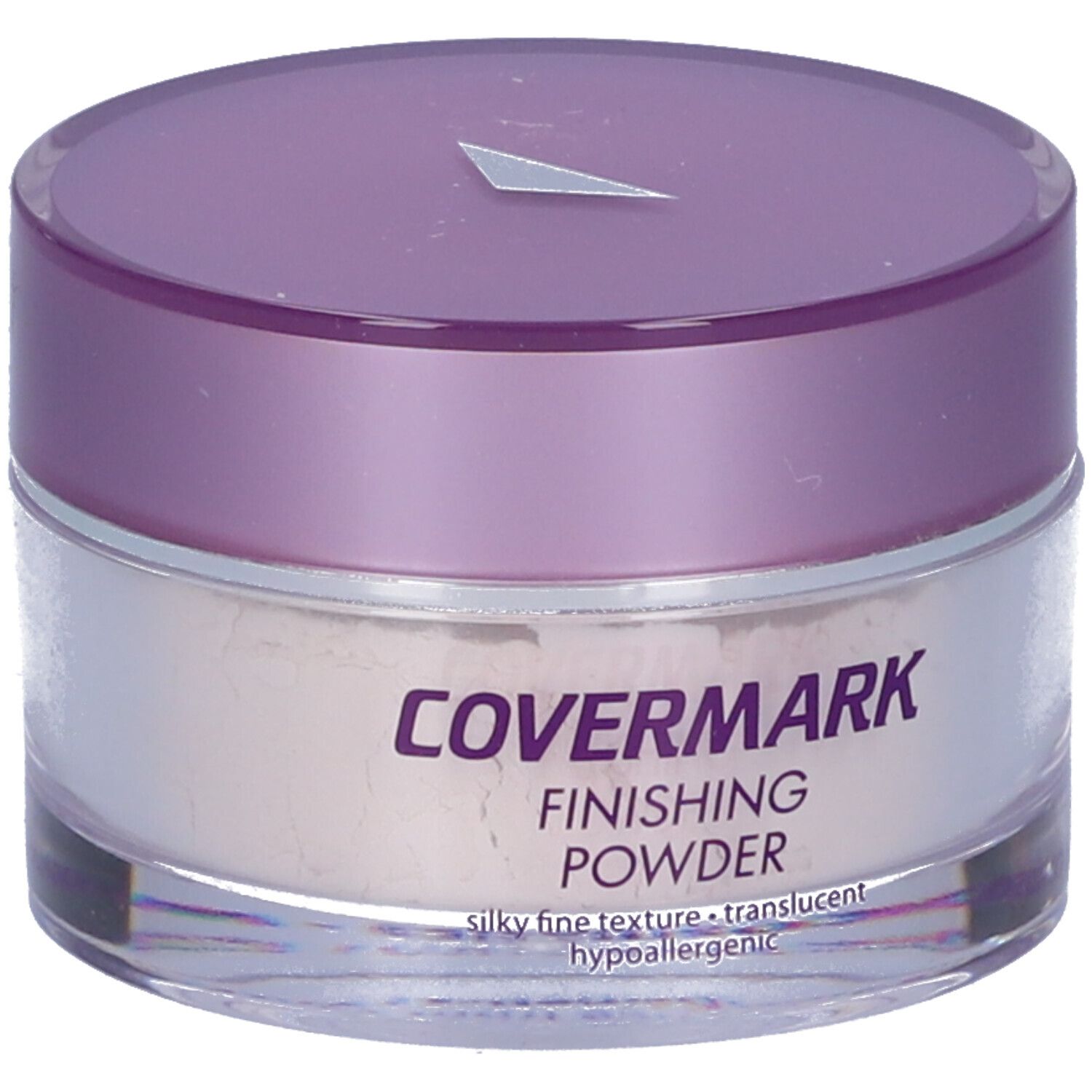 Vasetto rotondo con coperchio viola. Scritta: Covermark Finishing Powder. Texture: setosa, fine, trasparente, ipoallergenico.