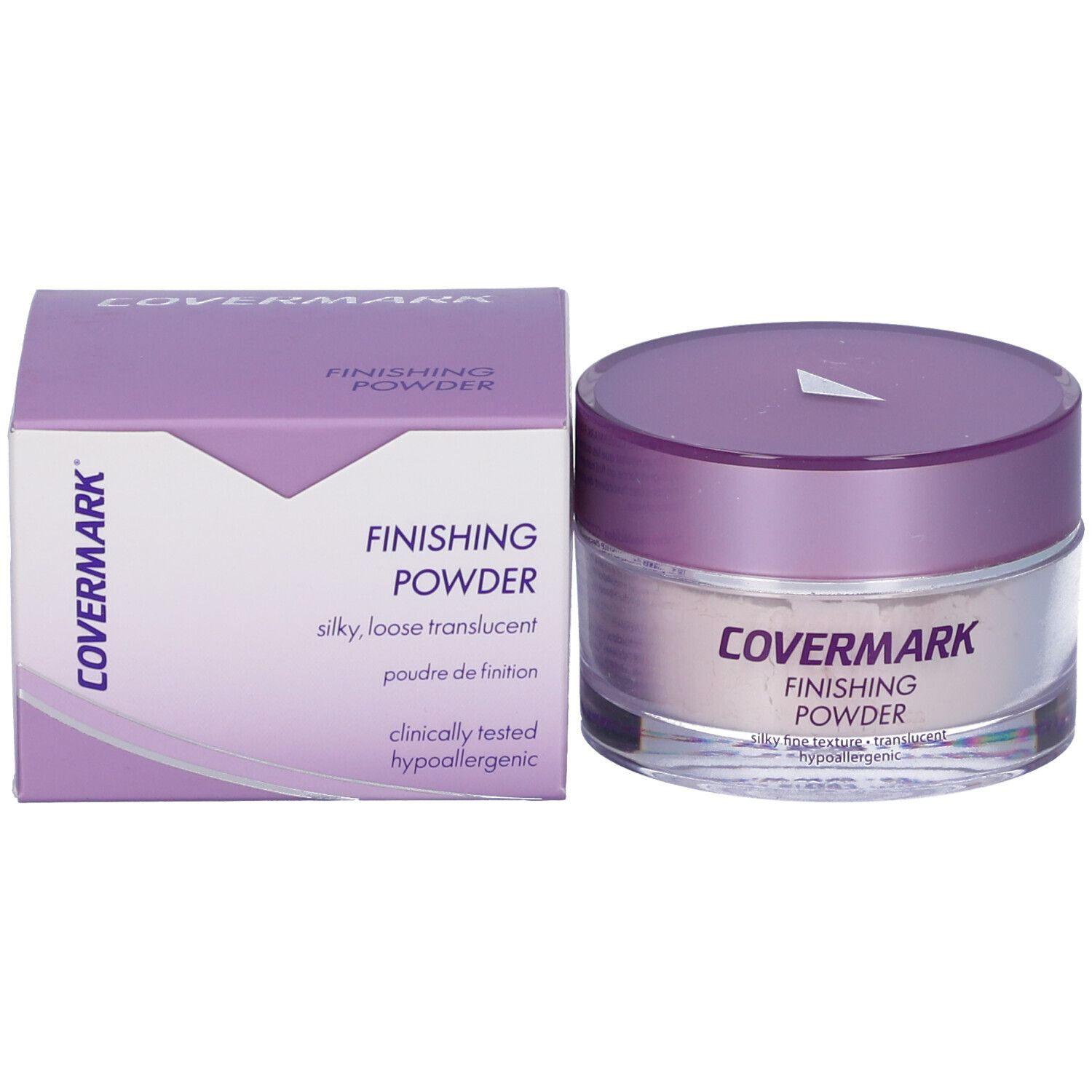 Vasetto e confezione Covermark Finishing Powder. Coperchio e confezione viola. Testo: setoso, sciolto, traslucido, poudre de finition, ipoallergenico.