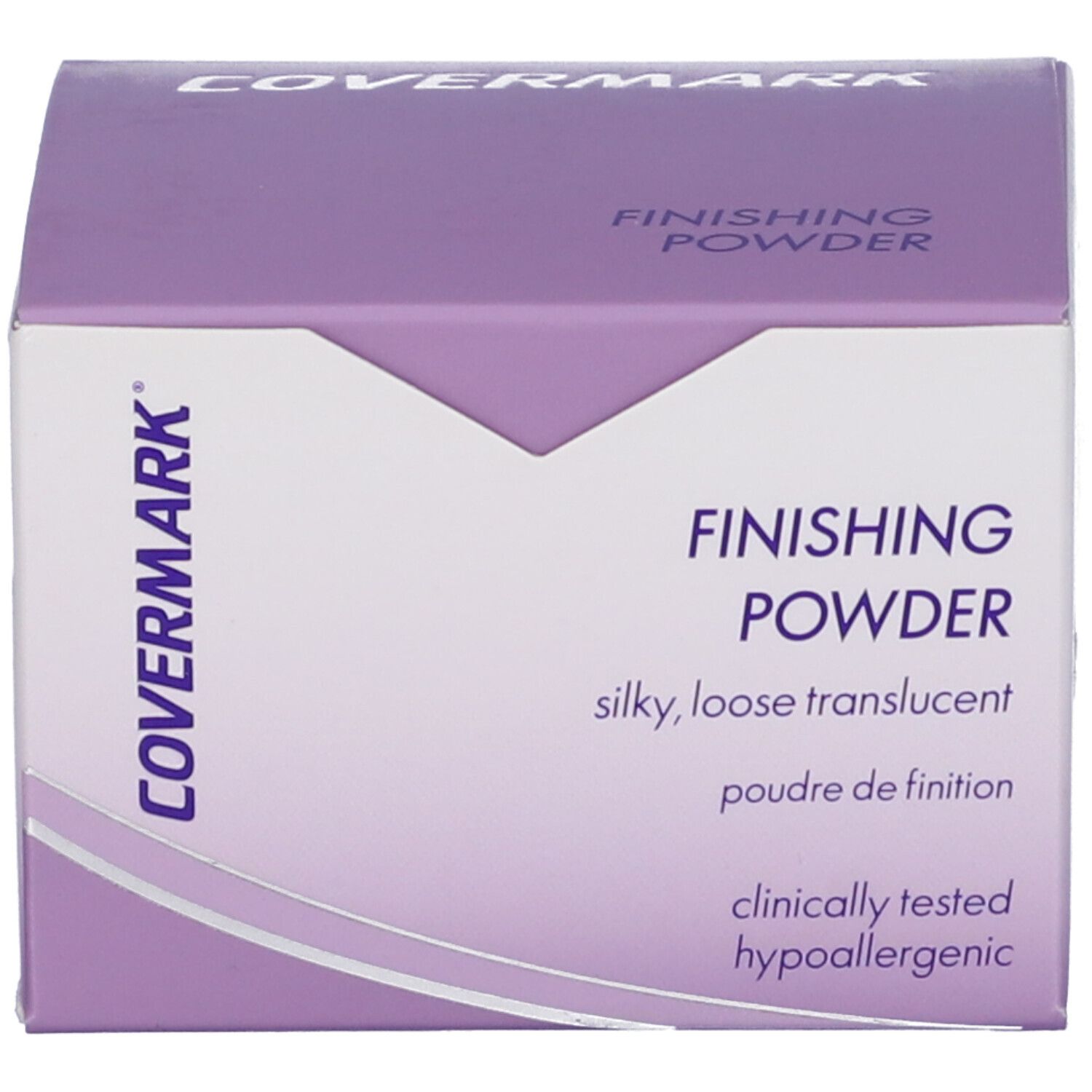 Confezione di Covermark Finishing Powder. Confezione viola. Testo: setoso, sciolto, traslucido, poudre de finition, ipoallergenico, clinicamente testato.