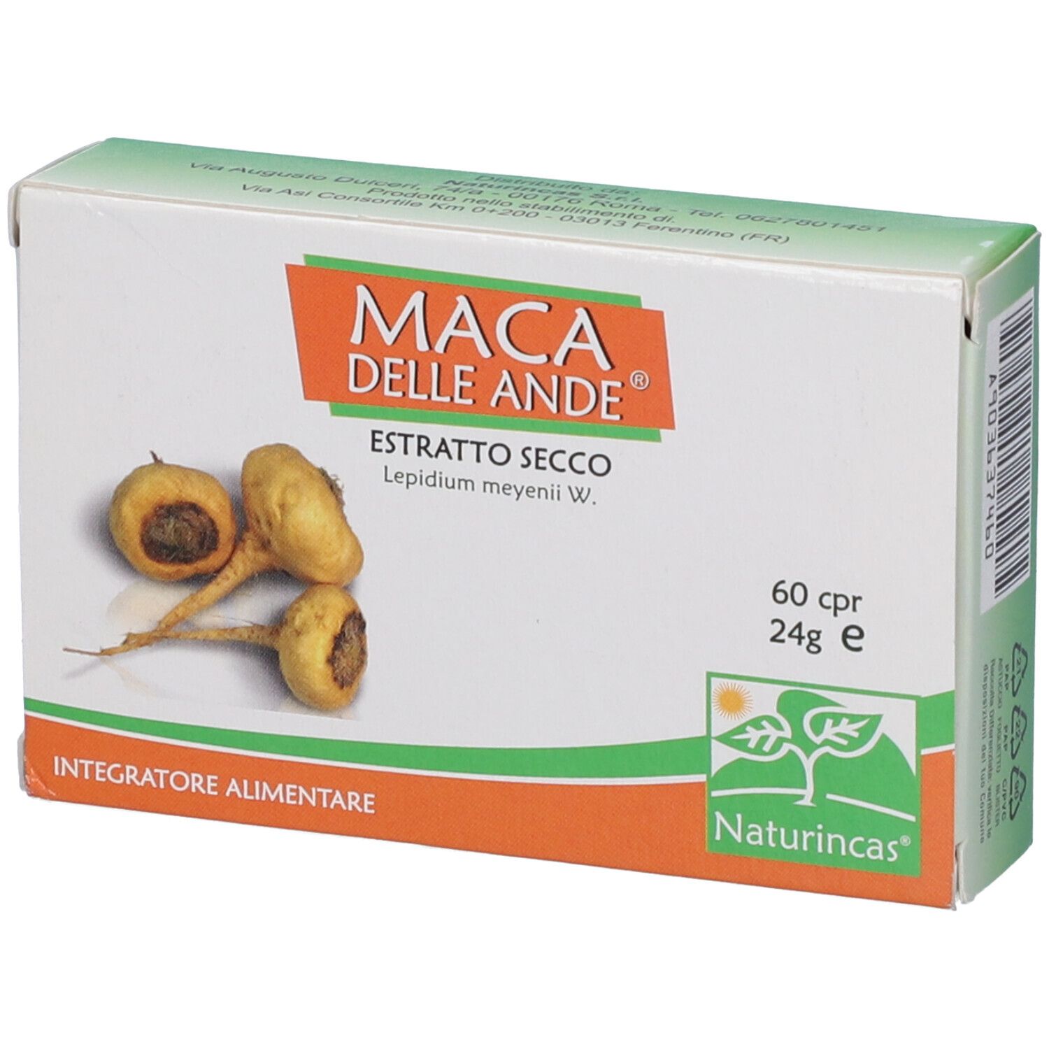 Scatola con stampa del prodotto: Maca Delle Ande, Estratto Secco, 60 compresse. Immagine di radici di maca. Marchio Naturincas.
