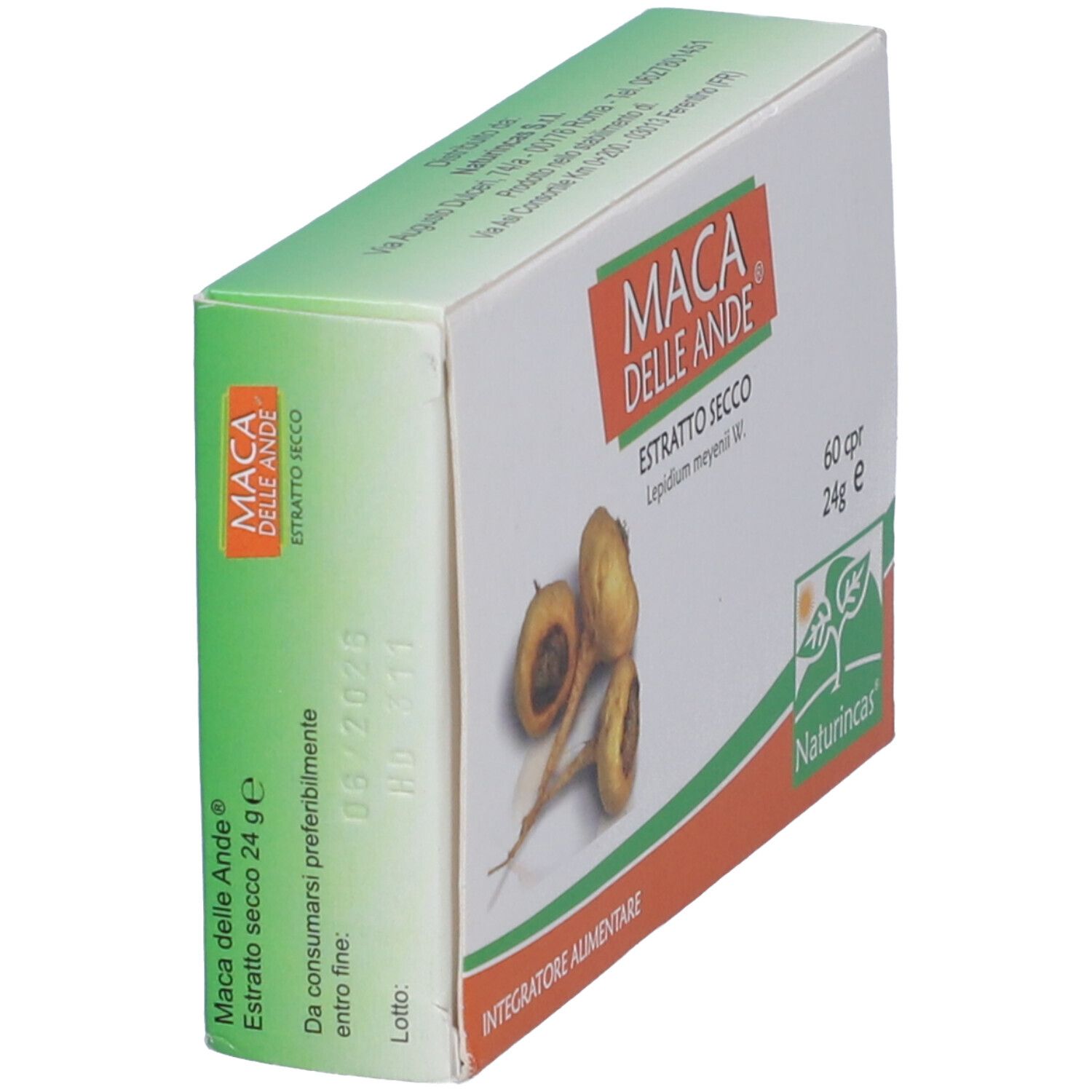 Scatola, in diagonale. Stampa: Maca Delle Ande, Estratto Secco, 60 compresse. Immagine di radici di maca. Marchio Naturincas.