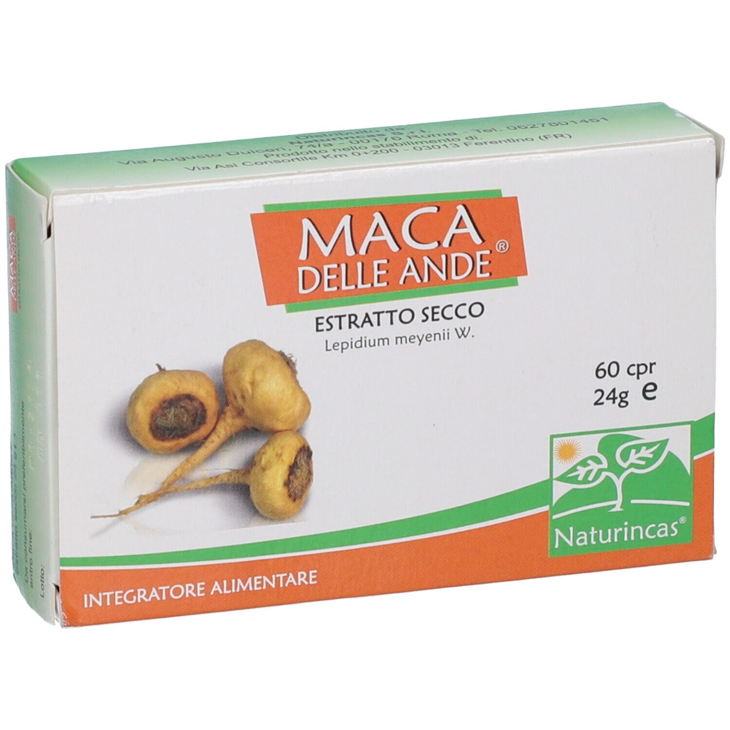 Scatola, in diagonale. Stampa: Maca Delle Ande, Estratto Secco, 60 compresse. Immagine di radici di maca. Marchio Naturincas.