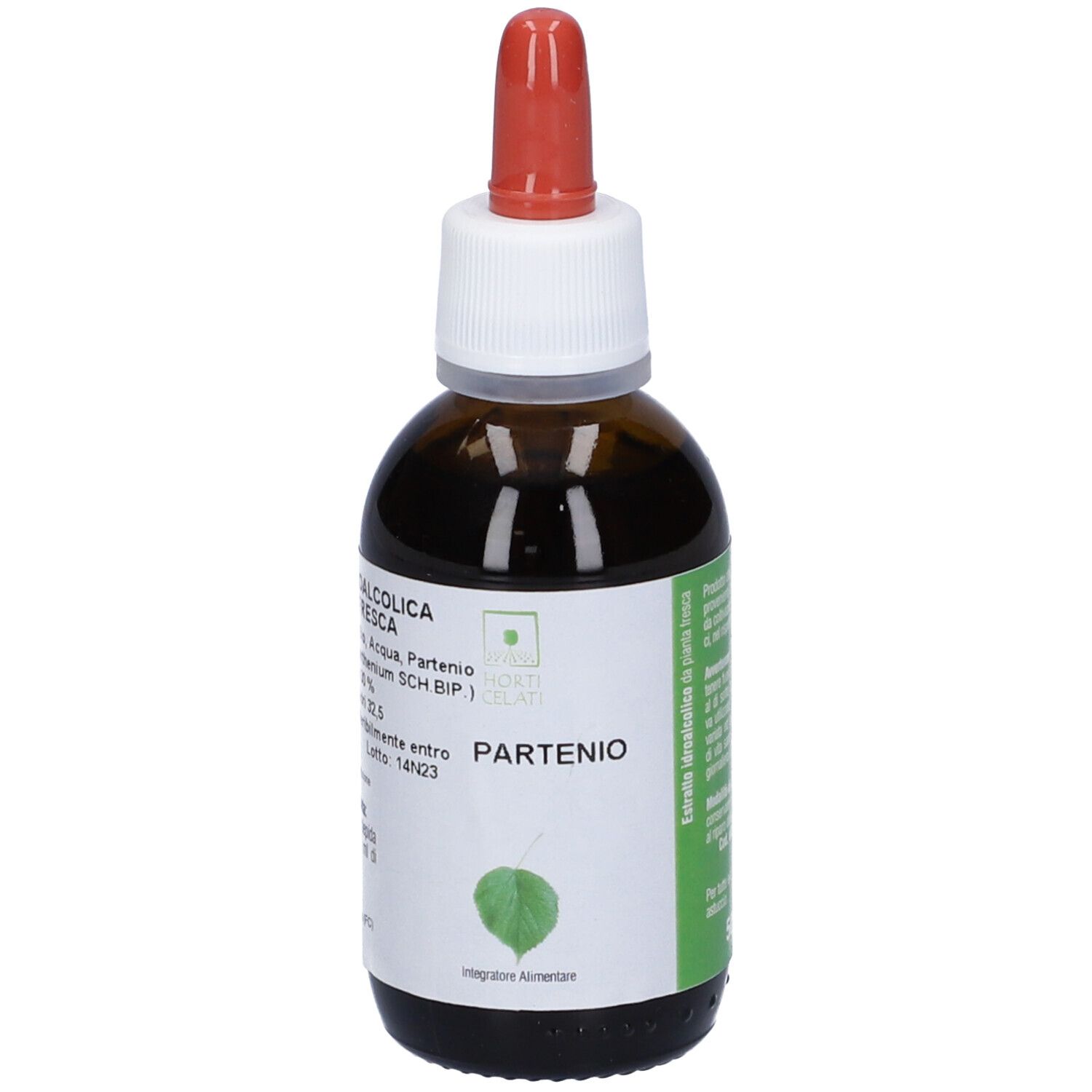Flacone di vetro marrone con contagocce rosso. Etichetta con nome prodotto e simbolo foglia. Integratore alimentare.