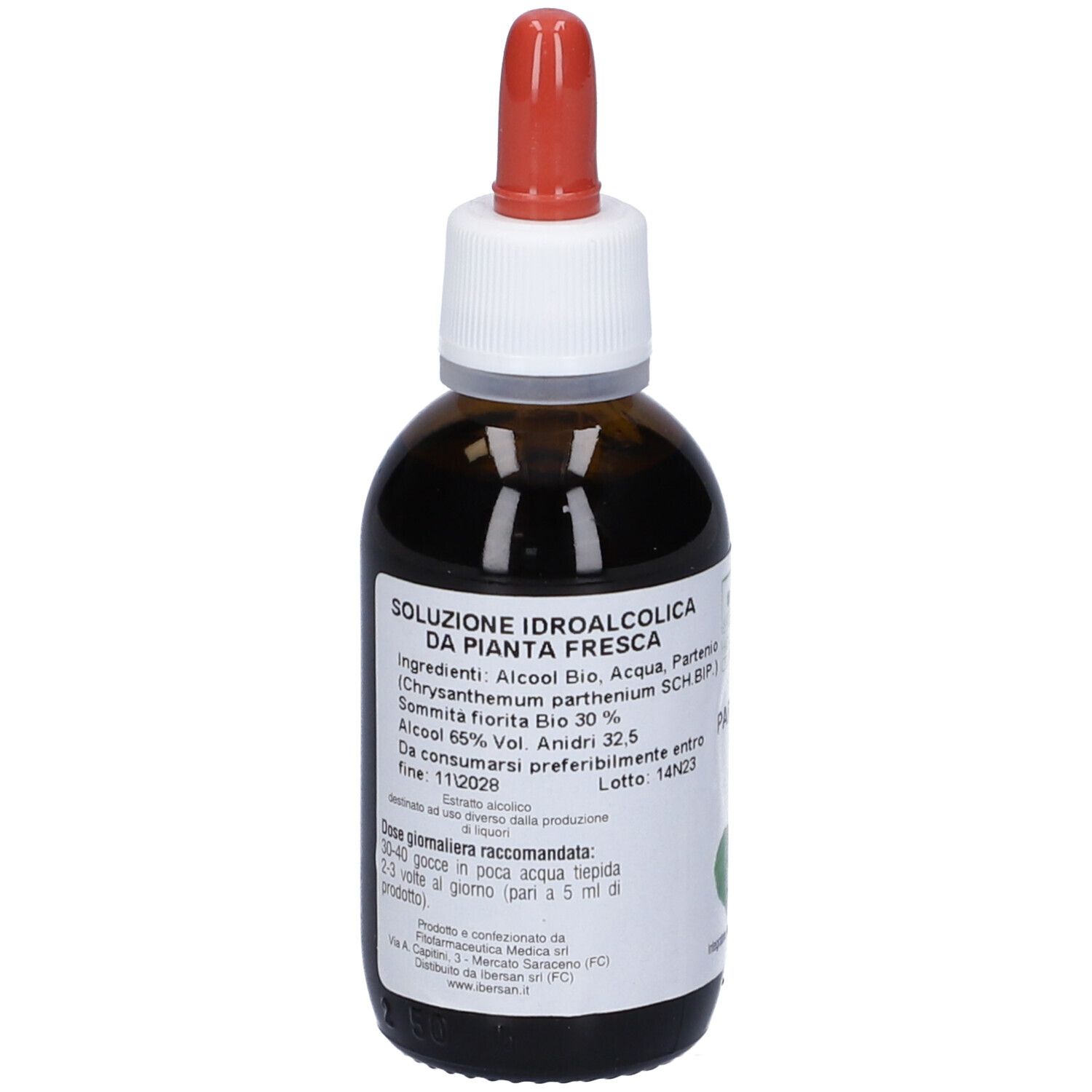 Flacone di vetro marrone con contagocce rosso. Etichetta con ingredienti e dosaggio. Integratore alimentare.