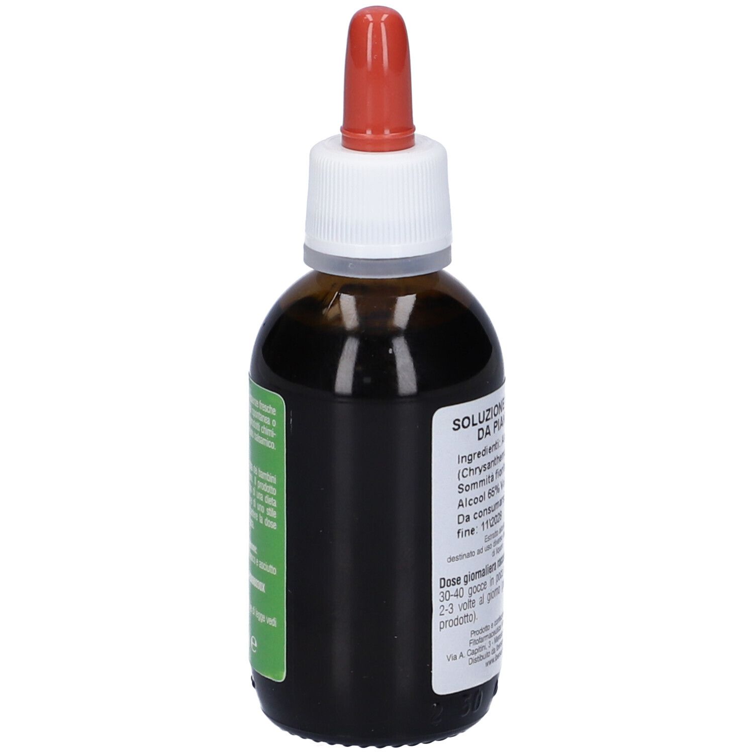Flacone di vetro marrone con contagocce rosso. Etichetta con ingredienti e dosaggio. Integratore alimentare.