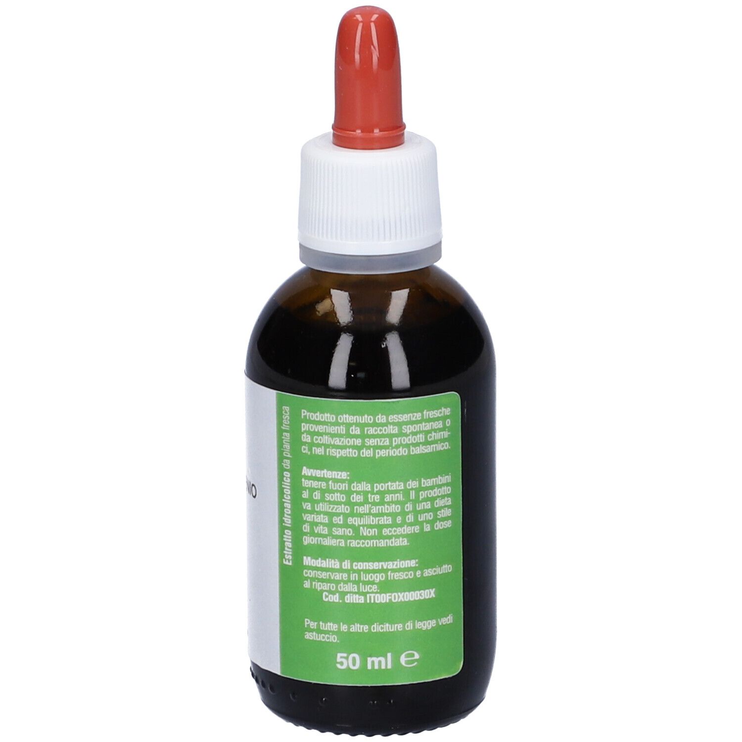 Flacone di vetro marrone con contagocce rosso. Etichetta con informazioni e indicazione volume. Integratore alimentare.