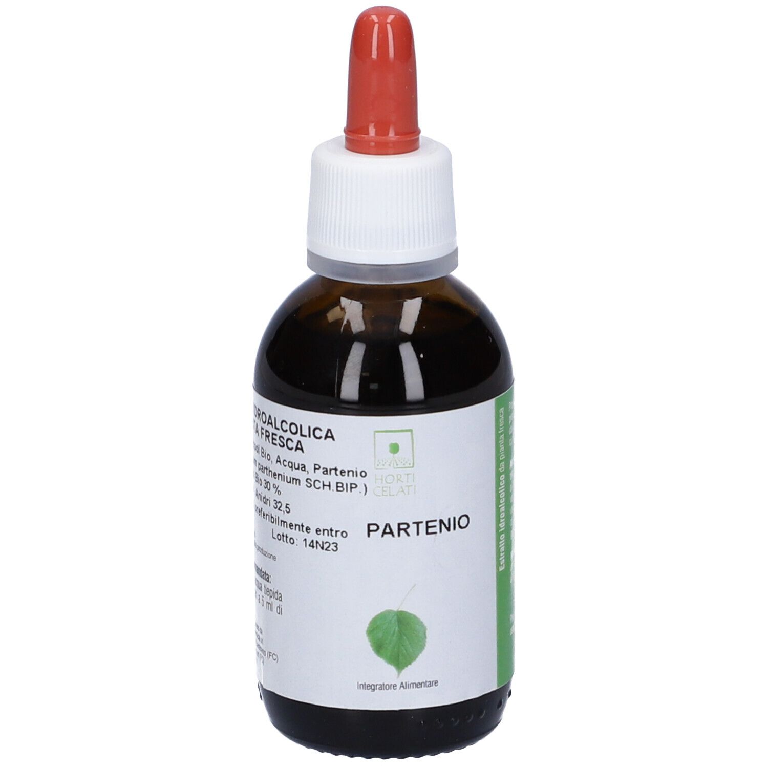 Flacone di vetro marrone con contagocce rosso. Etichetta con nome prodotto e simbolo foglia. Integratore alimentare.